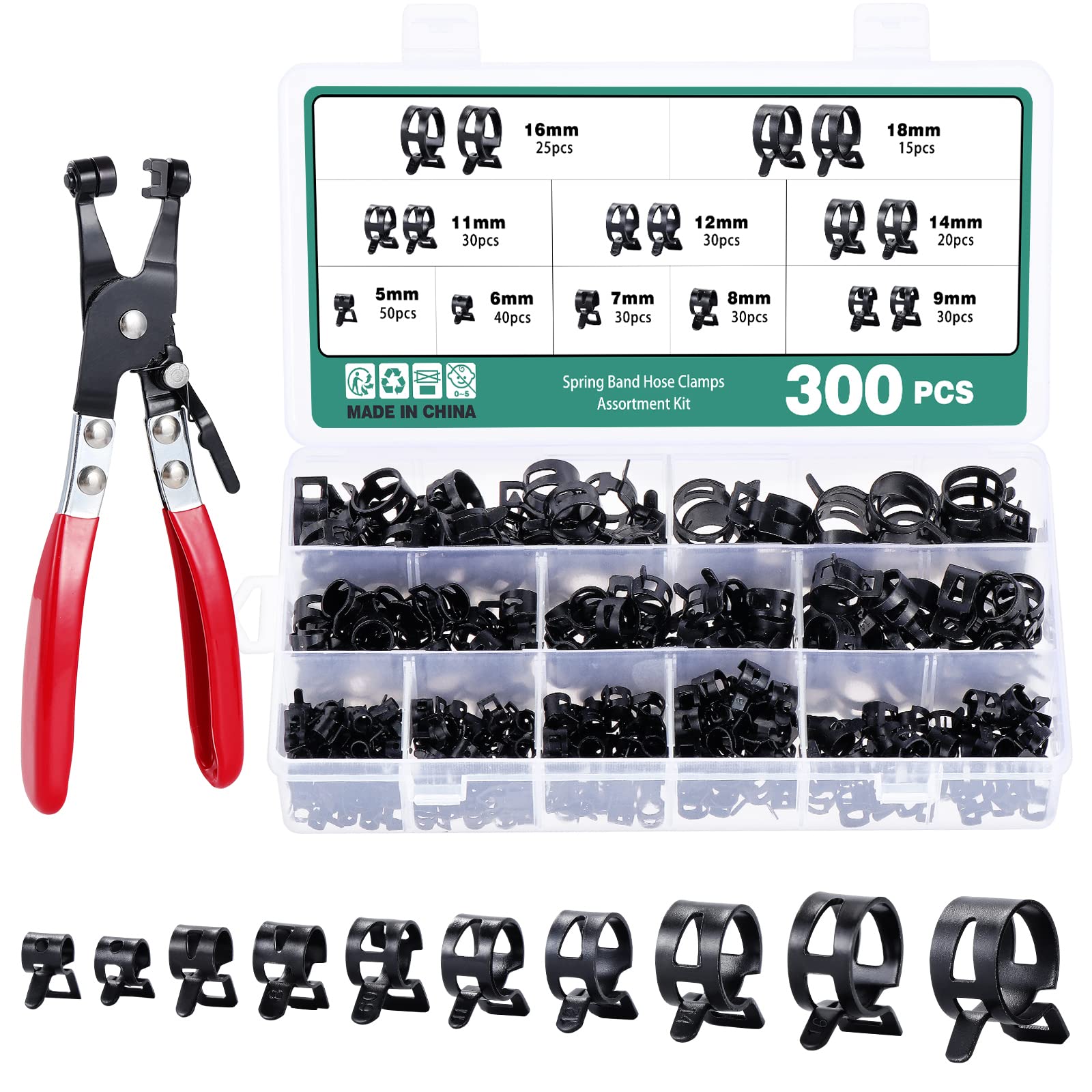 Faankiton 300PCS Fuel Line Hose Clamp Assortment Kit with Pliers