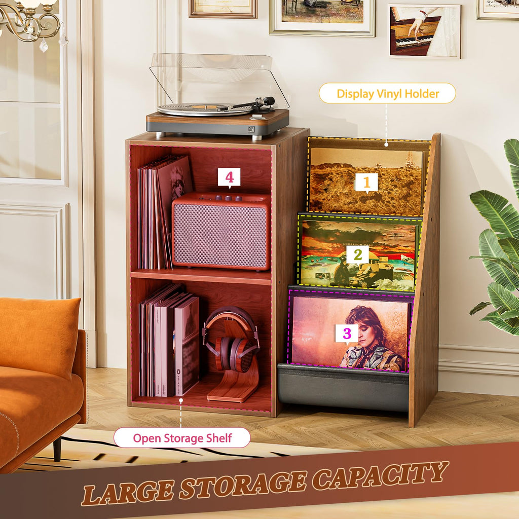 Bikoney Record Player Stand with 3-Tier Vinyl Storage for 220 LPs - Walnut - image 4