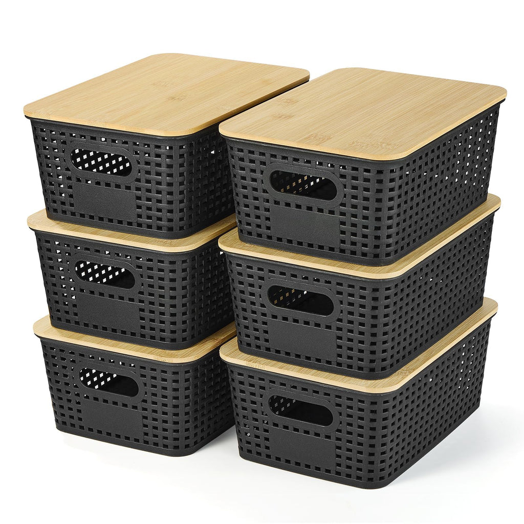 VIIHTYISA Plastic Storage Box with Bamboo Lid, Stackable Storage Baskets, Organizing Box for Shelves, Drawers, Desks, Cabinets, Playrooms and Offices - image 1