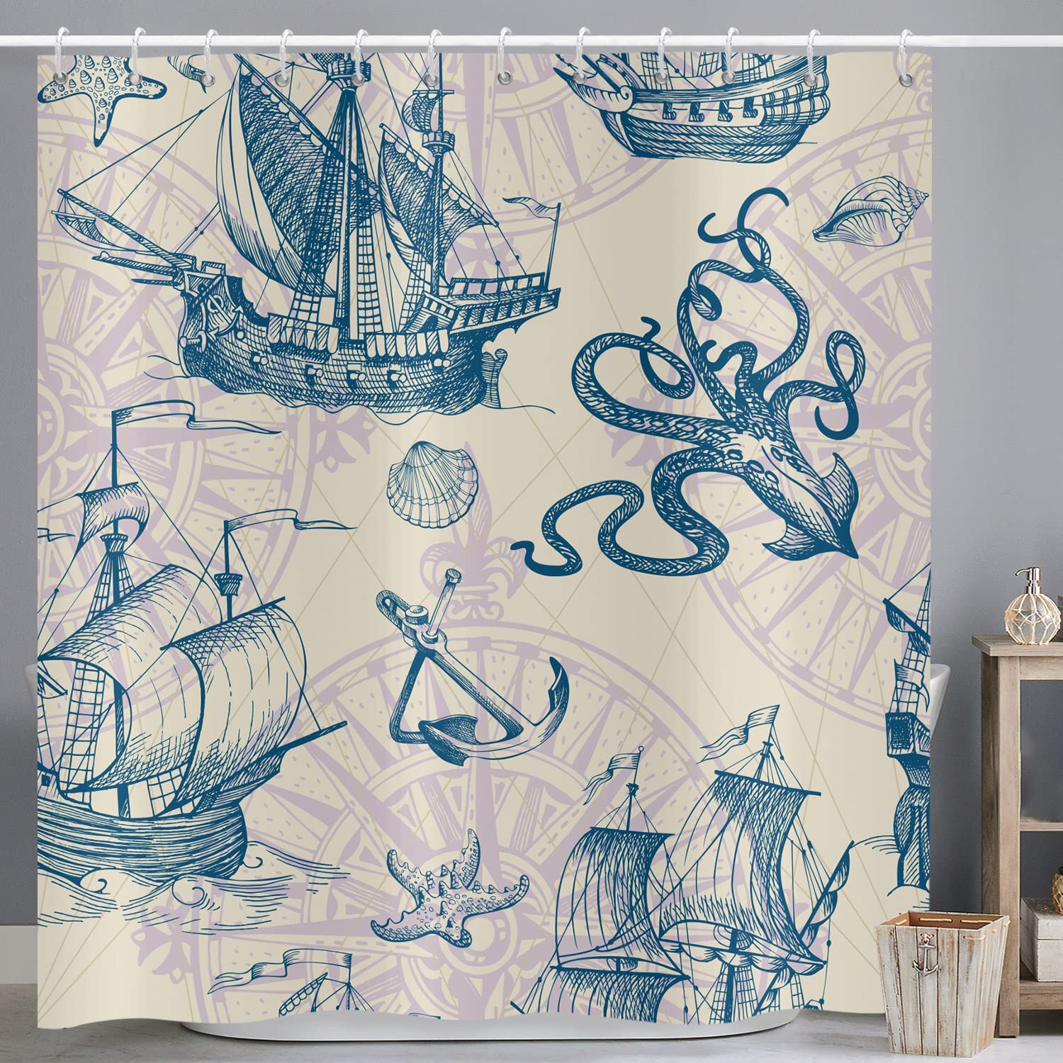 ASDCXZ Maritime Shower Curtain | Nautical Sailboat & Octopus | 180x200cm