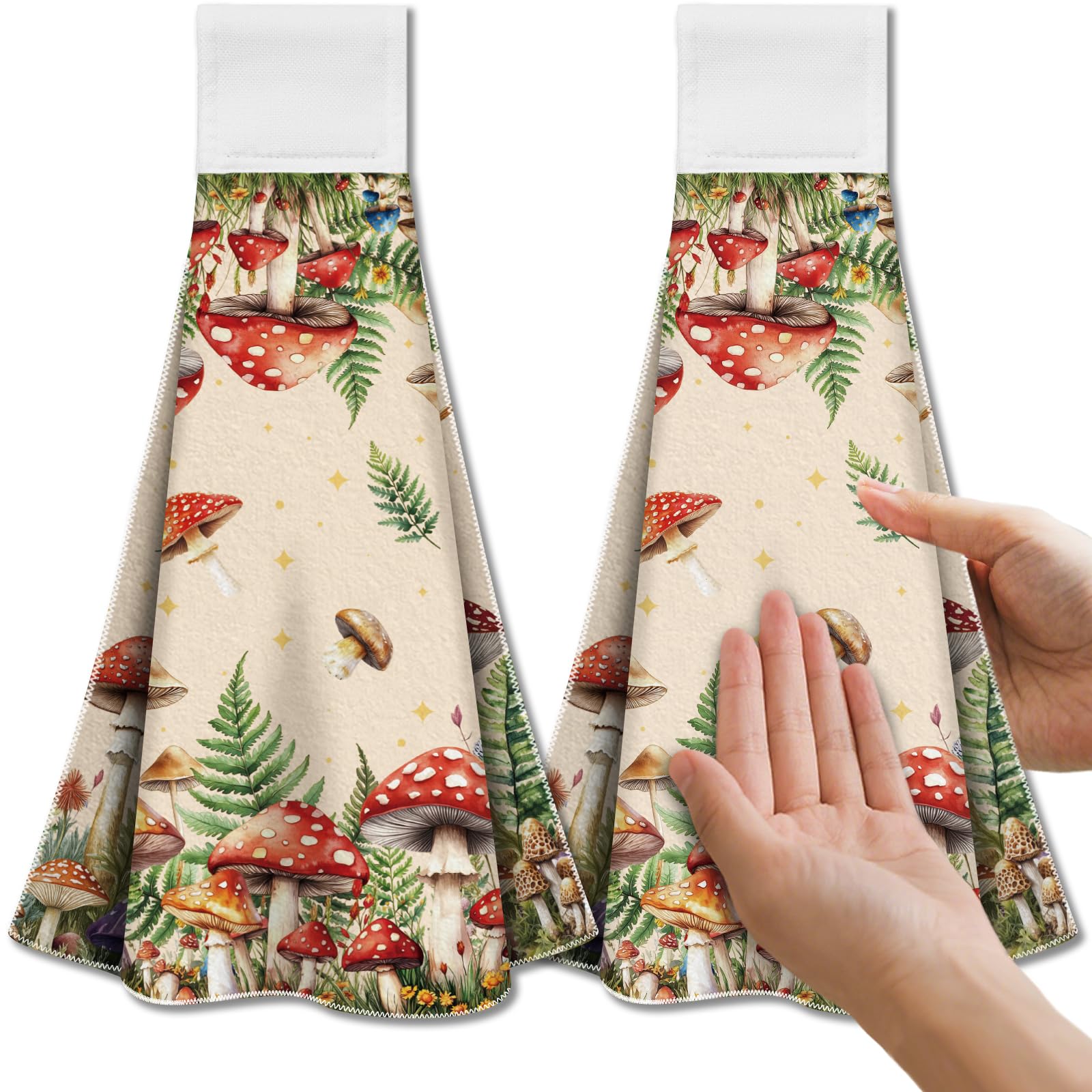 CUTHOLLOW Mushroom & Fern Hanging Kitchen Towels, Microfiber Set of 2