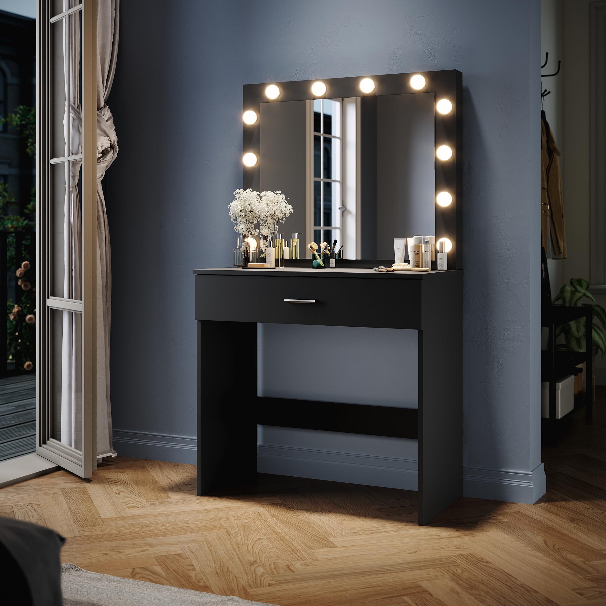 ZANOFIRA Vanity Makeup Desk with Hollywood LED Mirror - Black Dressing Table