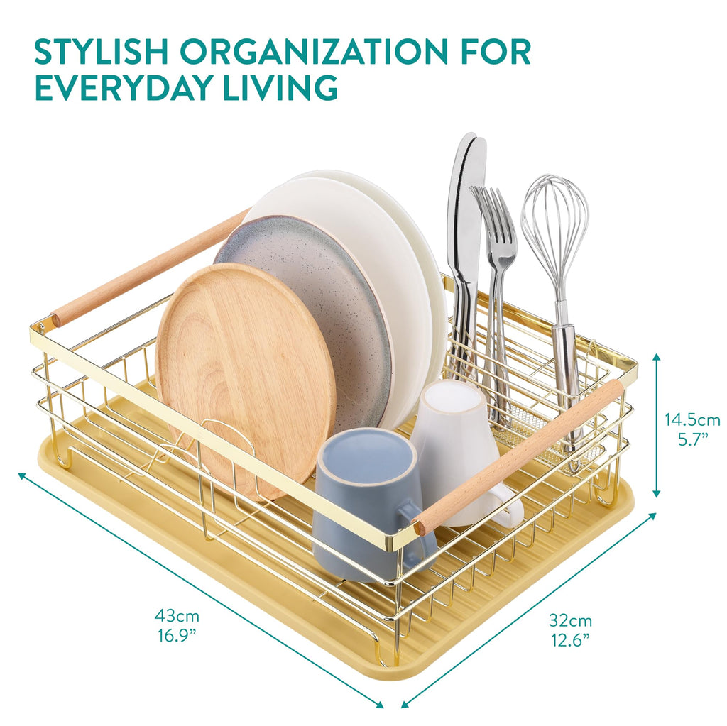 Navaris Dish Drainer Rack | Retro Kitchen Drying Rack with Beechwood - Gold