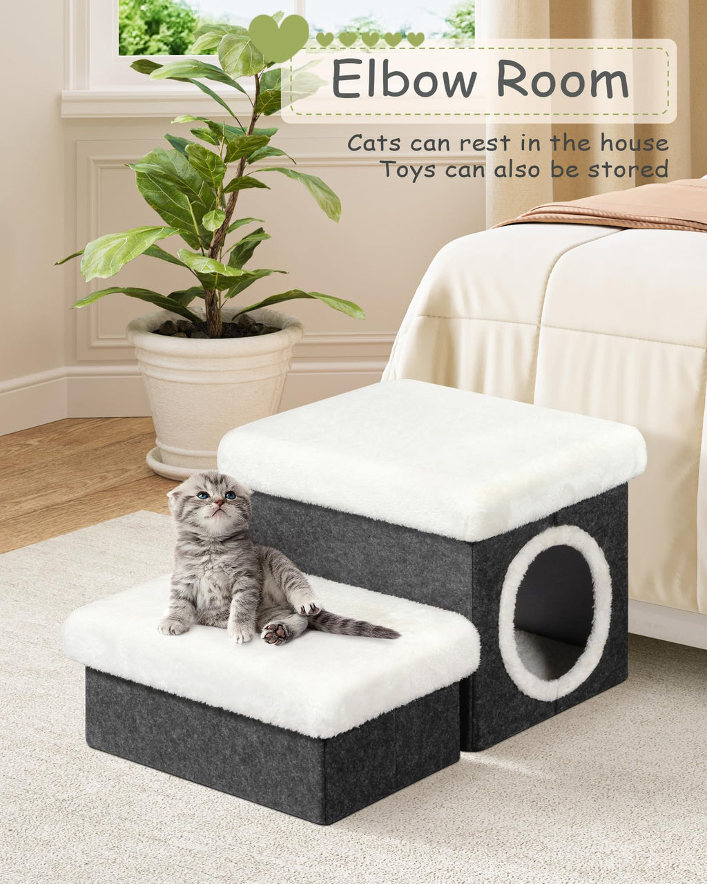 Bonlife 2-Tier Pet Stairs with Cat House & Storage – Foldable Dark Grey