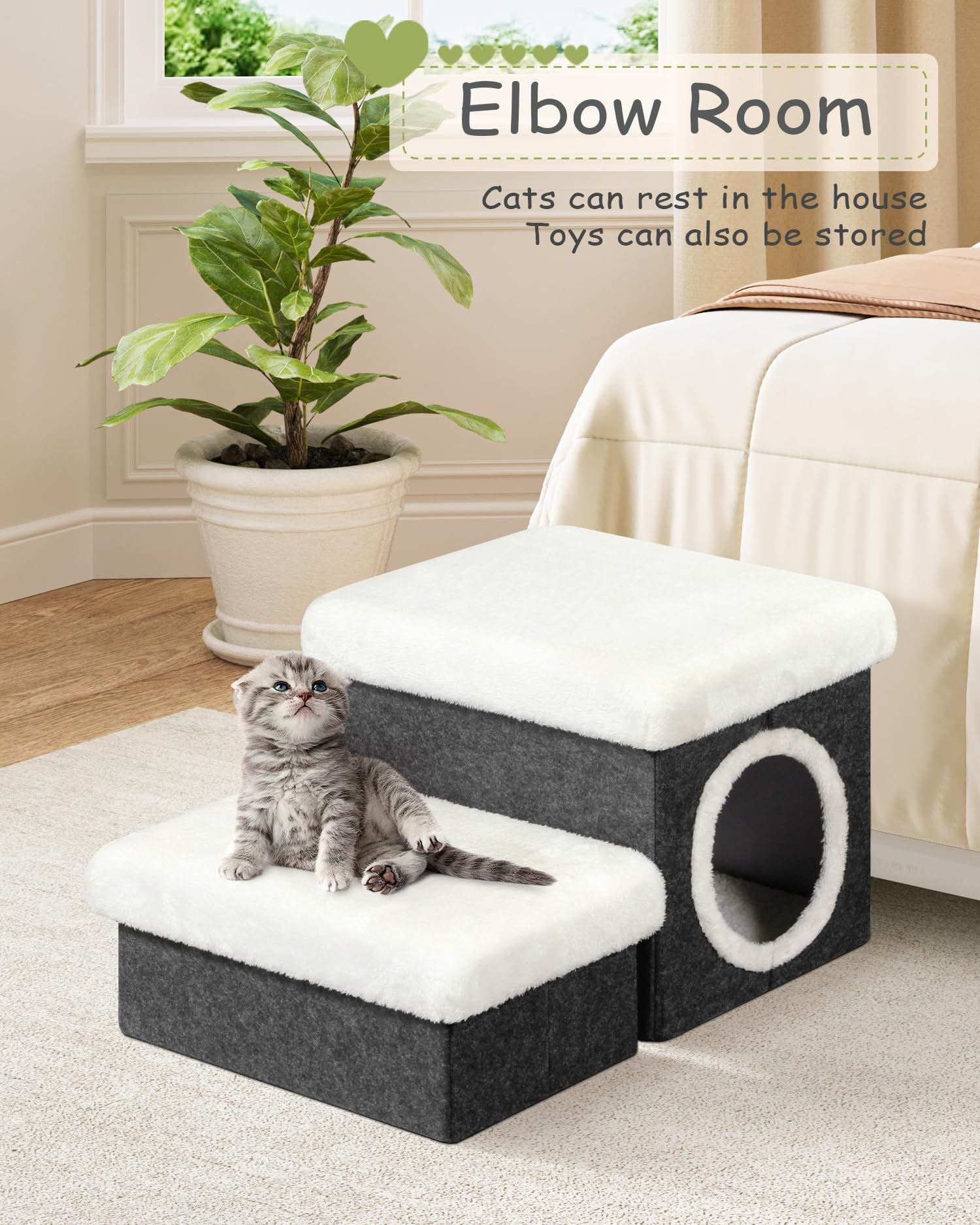 Bonlife 2-Tier Pet Stairs with Cat House & Storage – Foldable Dark Grey