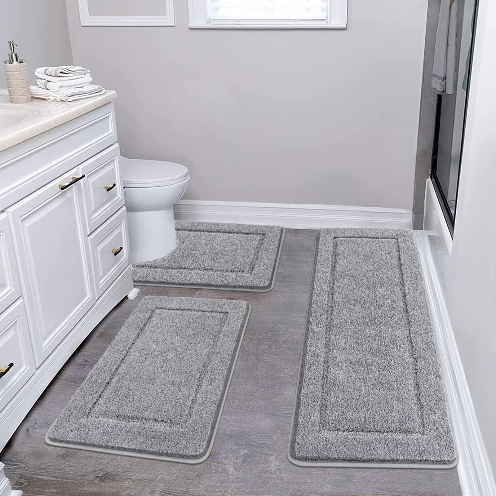 Pauwer 3-Piece Microfiber Bath Mat Set | Non-Slip Absorbent Rugs, Grey