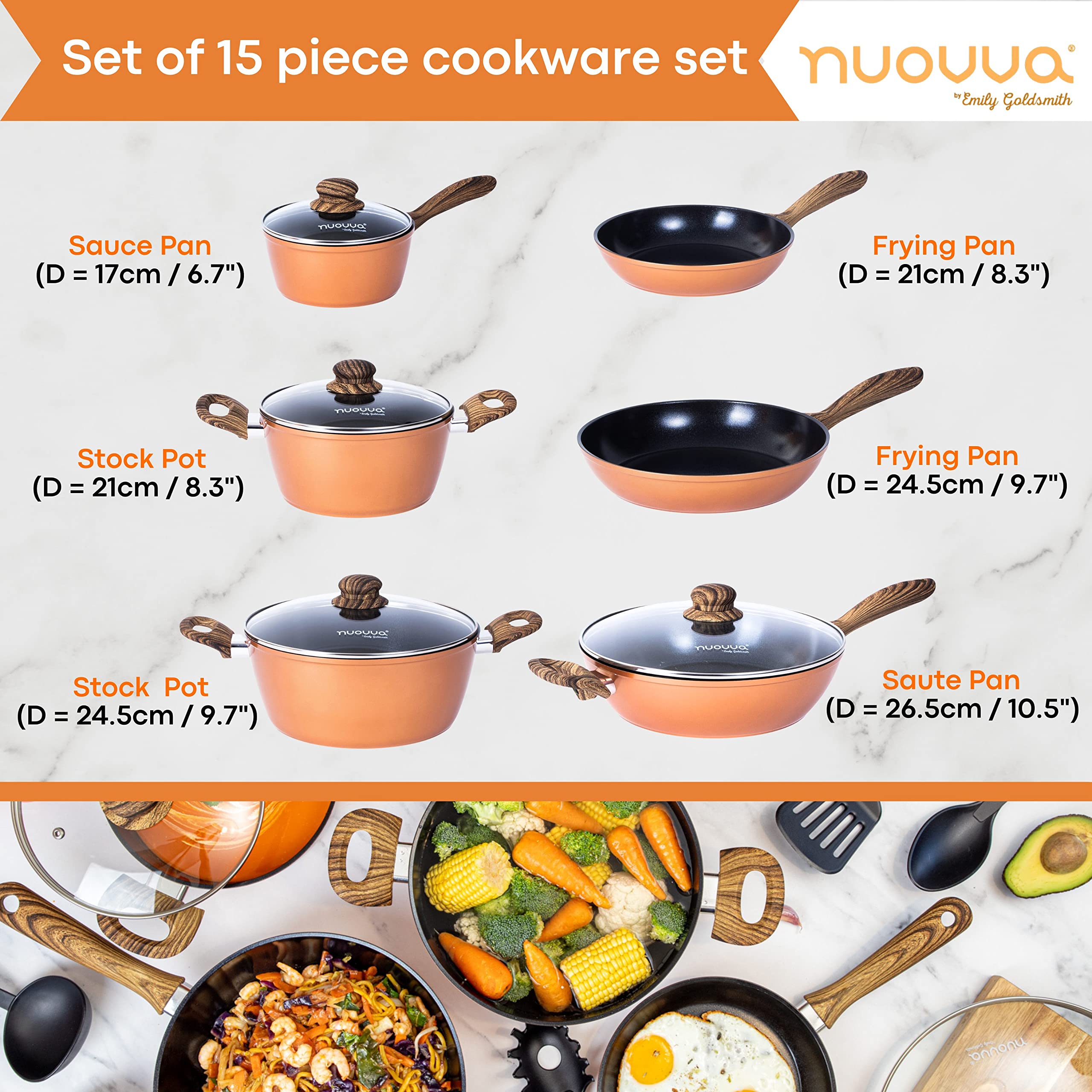 Nuovva 15-Piece Non-Stick Copper Cookware Set for Induction Hobs