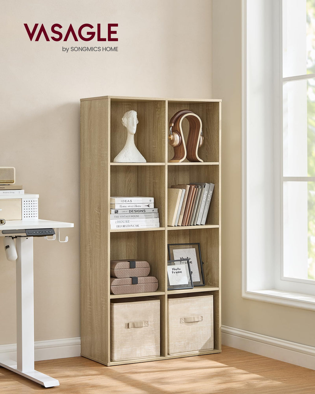 VASAGLE 8-Cube Wooden Bookcase – Freestanding Storage Shelf, Oak