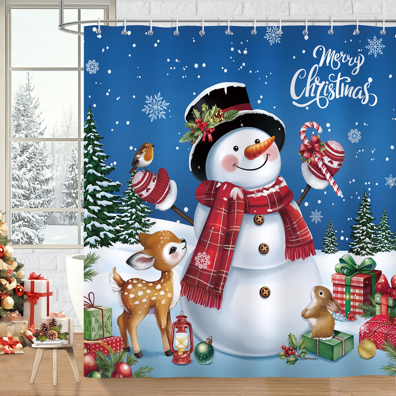 Bonhause Christmas Snowman Shower Curtain | Waterproof Winter Bath Decor