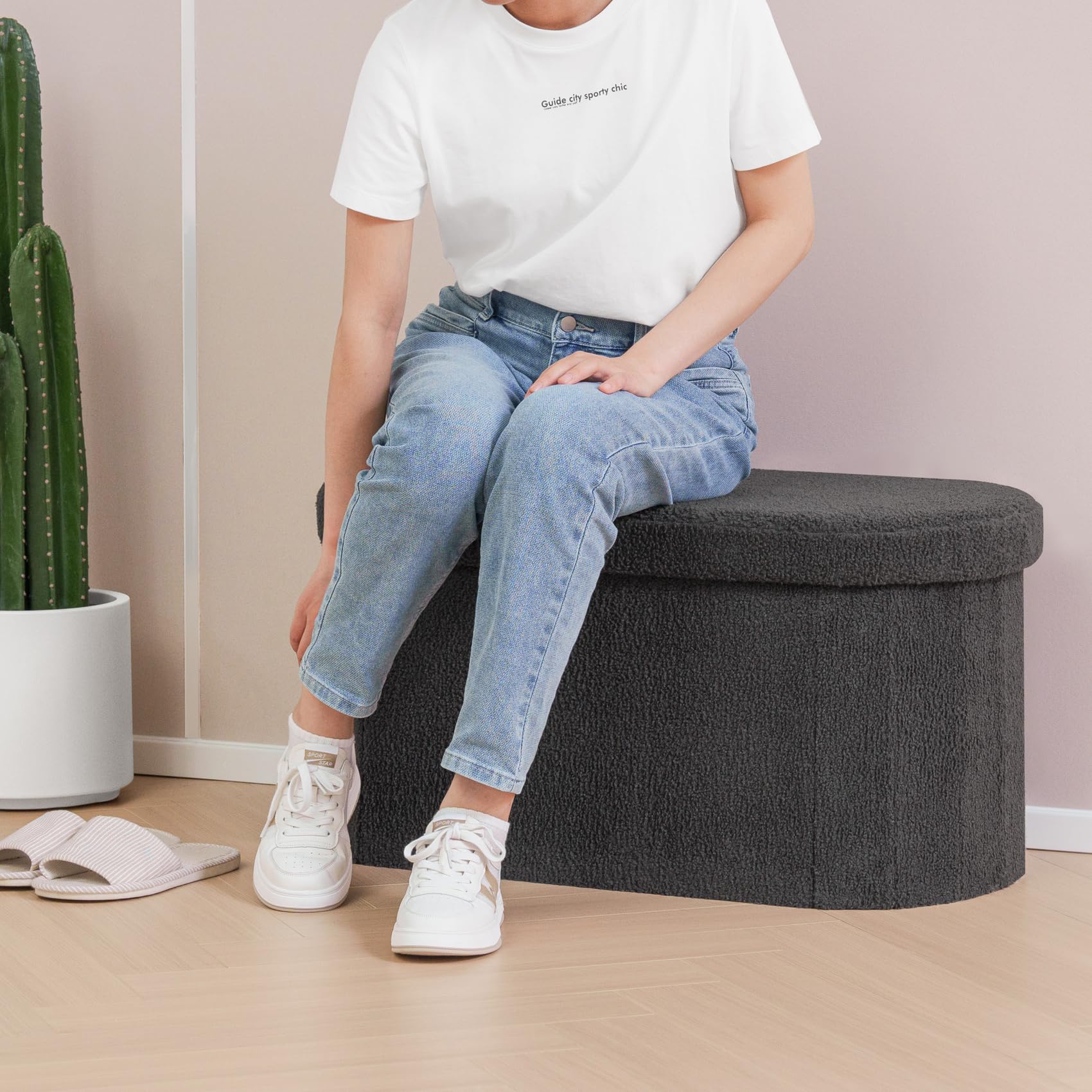 Bonlife Folding Boucle Storage Ottoman Bench | Oval Footstool - Dark Grey