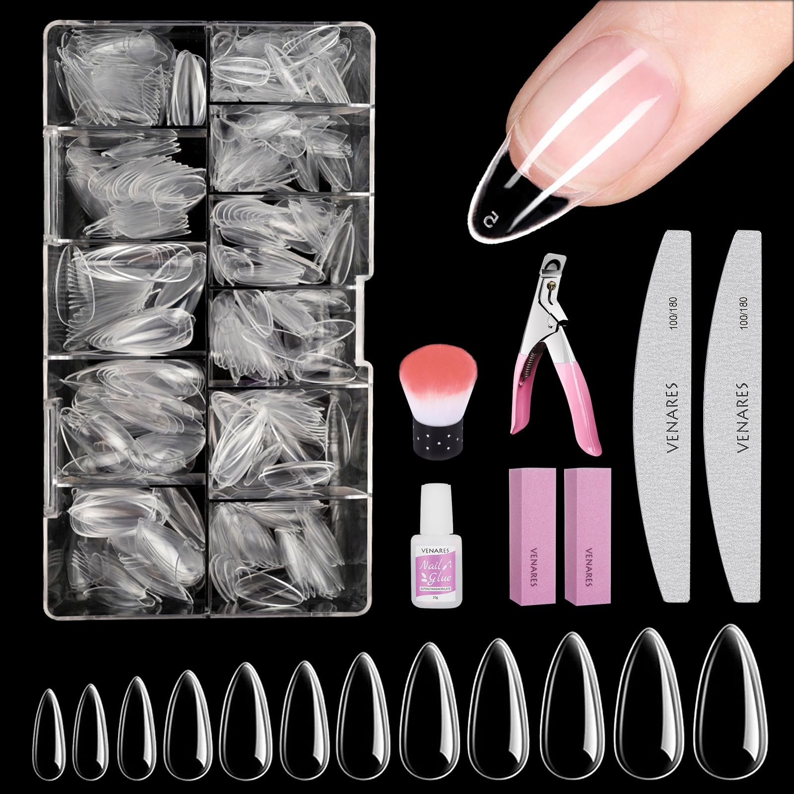 Venares Almond Soft Gel Nail Tips Kit - 500Pcs Extensions with Glue