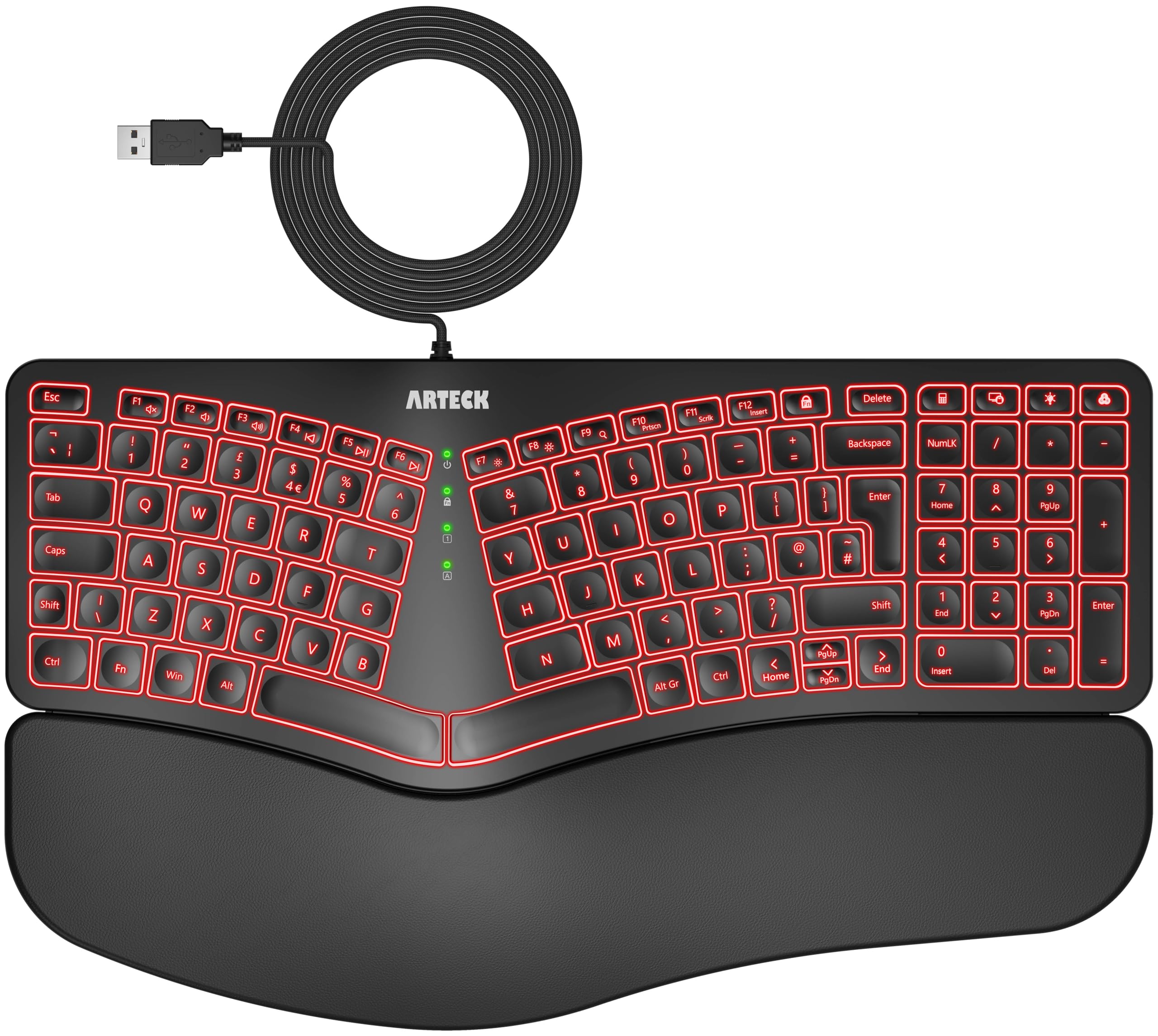 Arteck Ergonomic Wired Split Keyboard - 7-Color Backlit with Wrist Rest