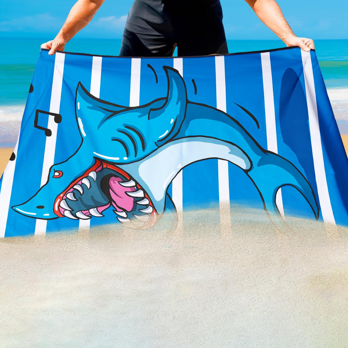 Violetpos Singing Shark Stripe Beach Towel, Extra Large 180x90 cm 250GSM Microfibre, Sand Free Quick Dry - image 4