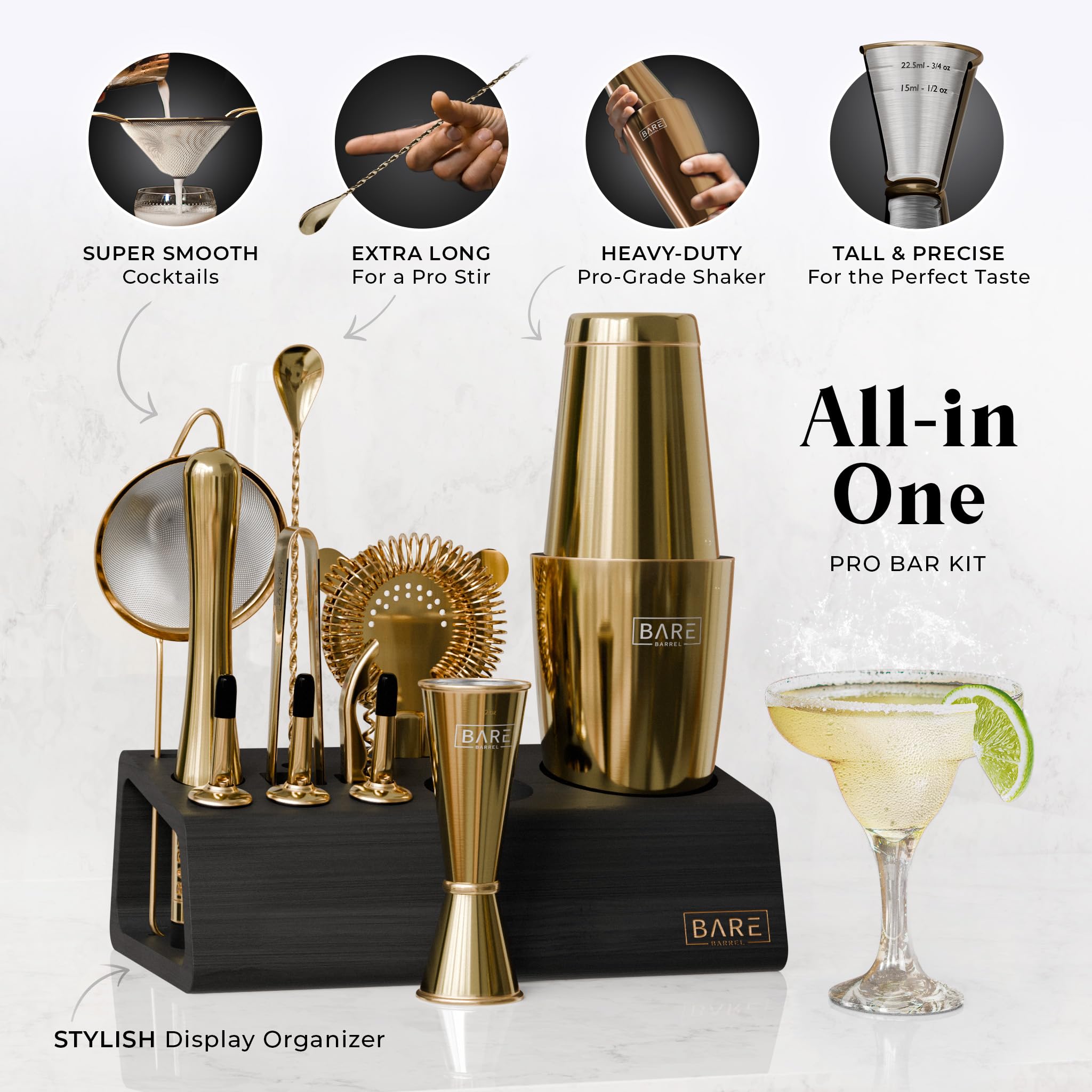 Bare Barrel 14-Piece Cocktail Making Kit with Bamboo Stand & Recipes