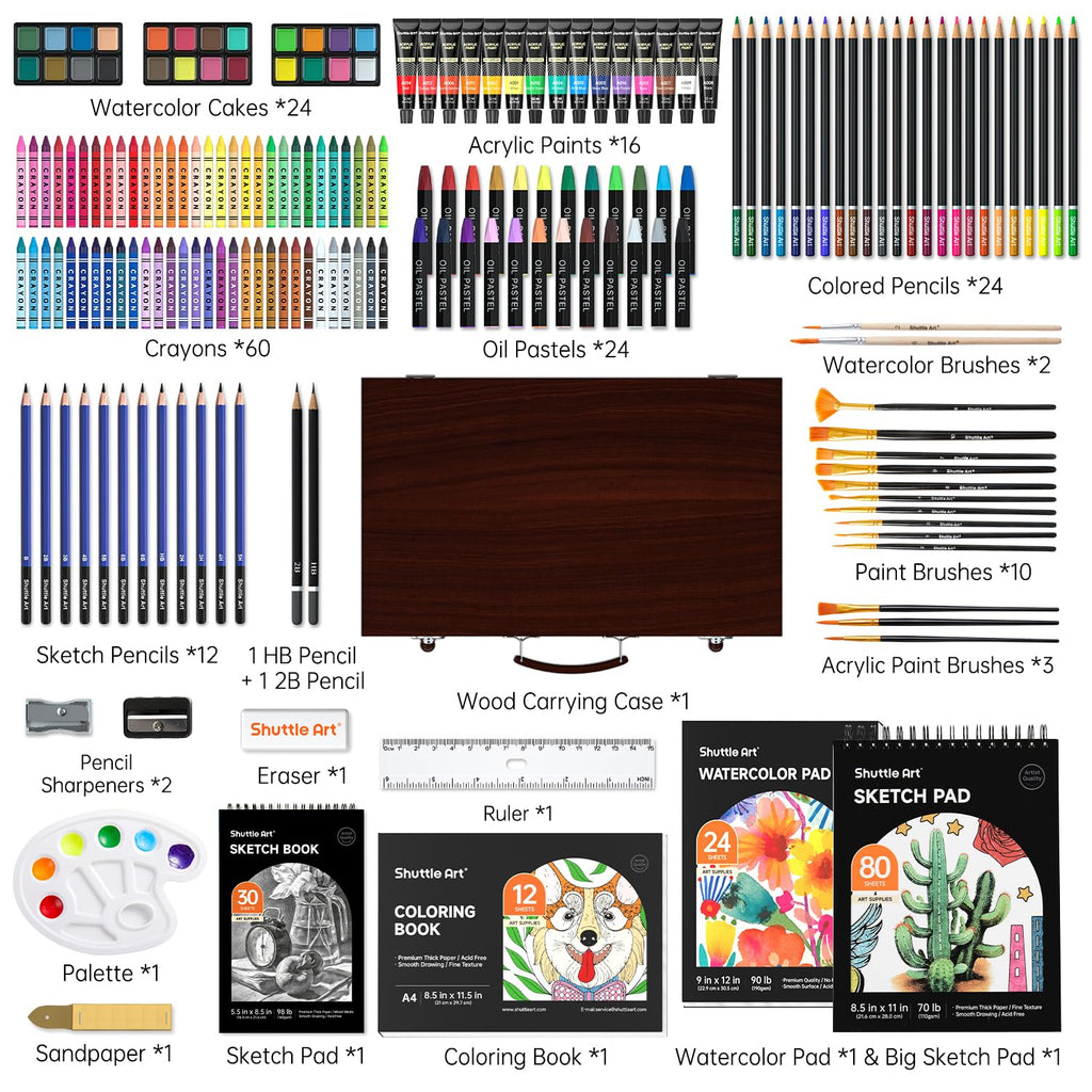 Shuttle Art 186 Piece Deluxe Art Set – Professional Wooden Case Kit