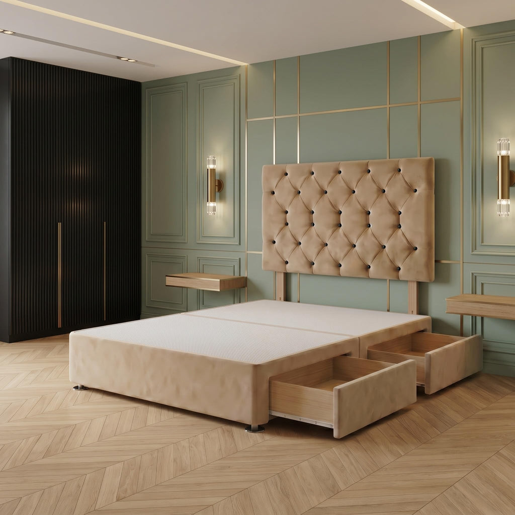 Bed Centre Premier Divan Base with 2 Drawers and Matching Headboard - Available in Multiple Fabrics and Colours 3FT Single, Plush Beige