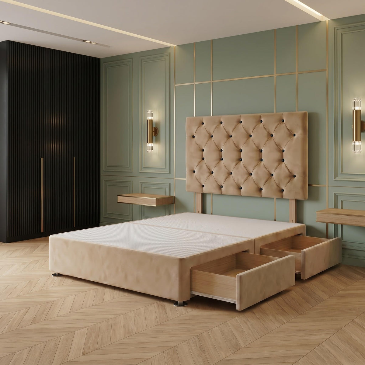 Bed Centre Premier Divan Base with 2 Drawers and Matching Headboard - Available in Multiple Fabrics and Colours 3FT Single, Plush Beige