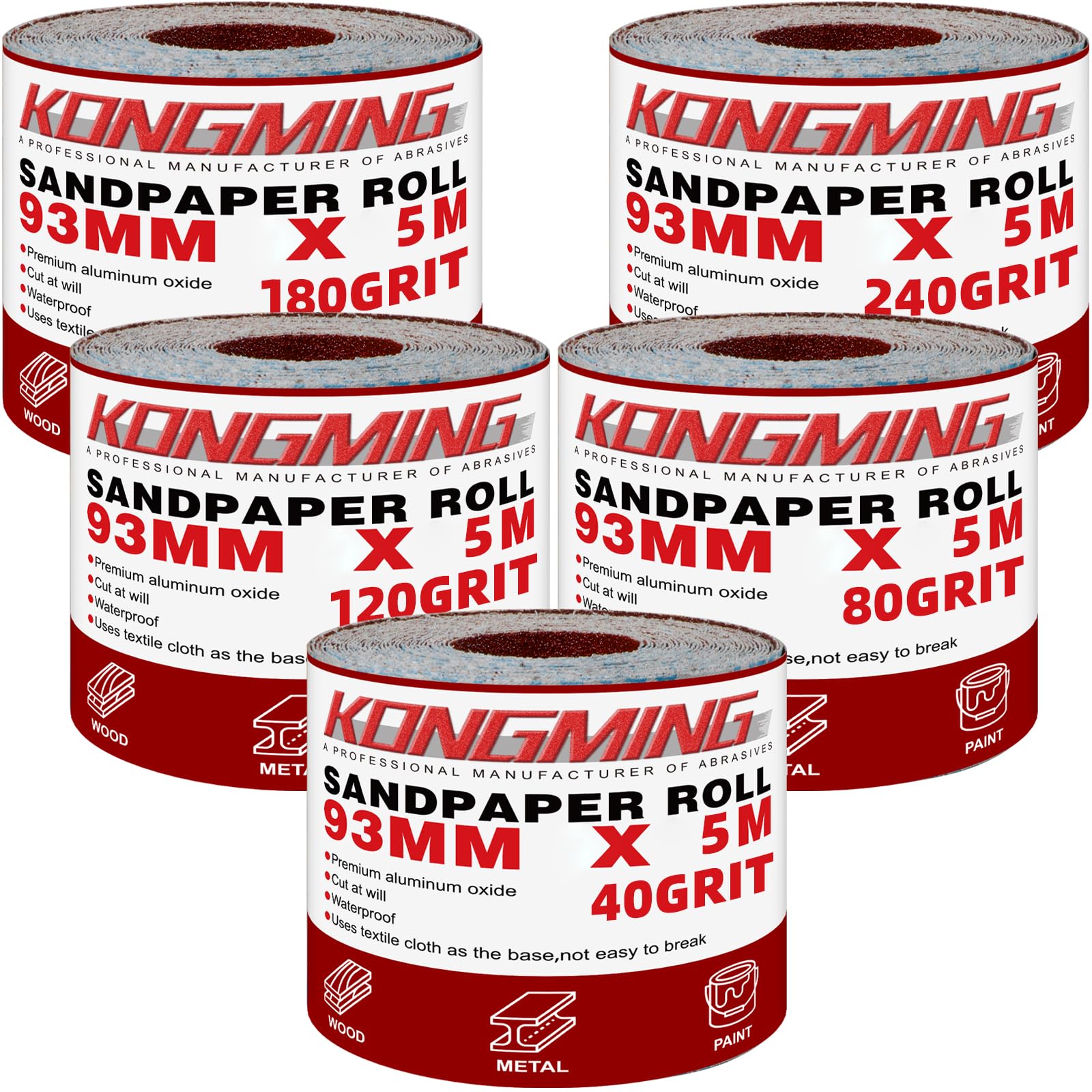KONGMING Sandpaper Roll Set | 5 Rolls 40-240 Grit Aluminium Oxide