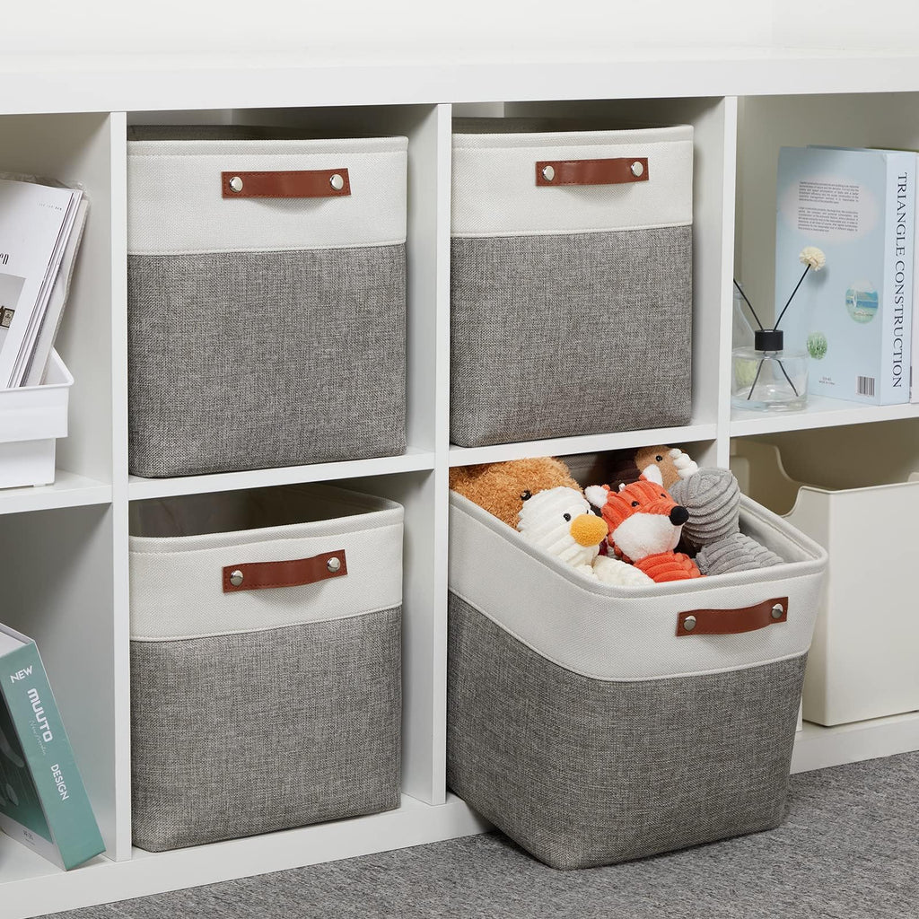 VIIHTYISA Fabric Storage Box, 4-Piece Set 25x25x25cm Cube Storage Boxes with Faux Leather Handle for Cube Shelves, Closet, Wardrobes | Grey & White - image 2