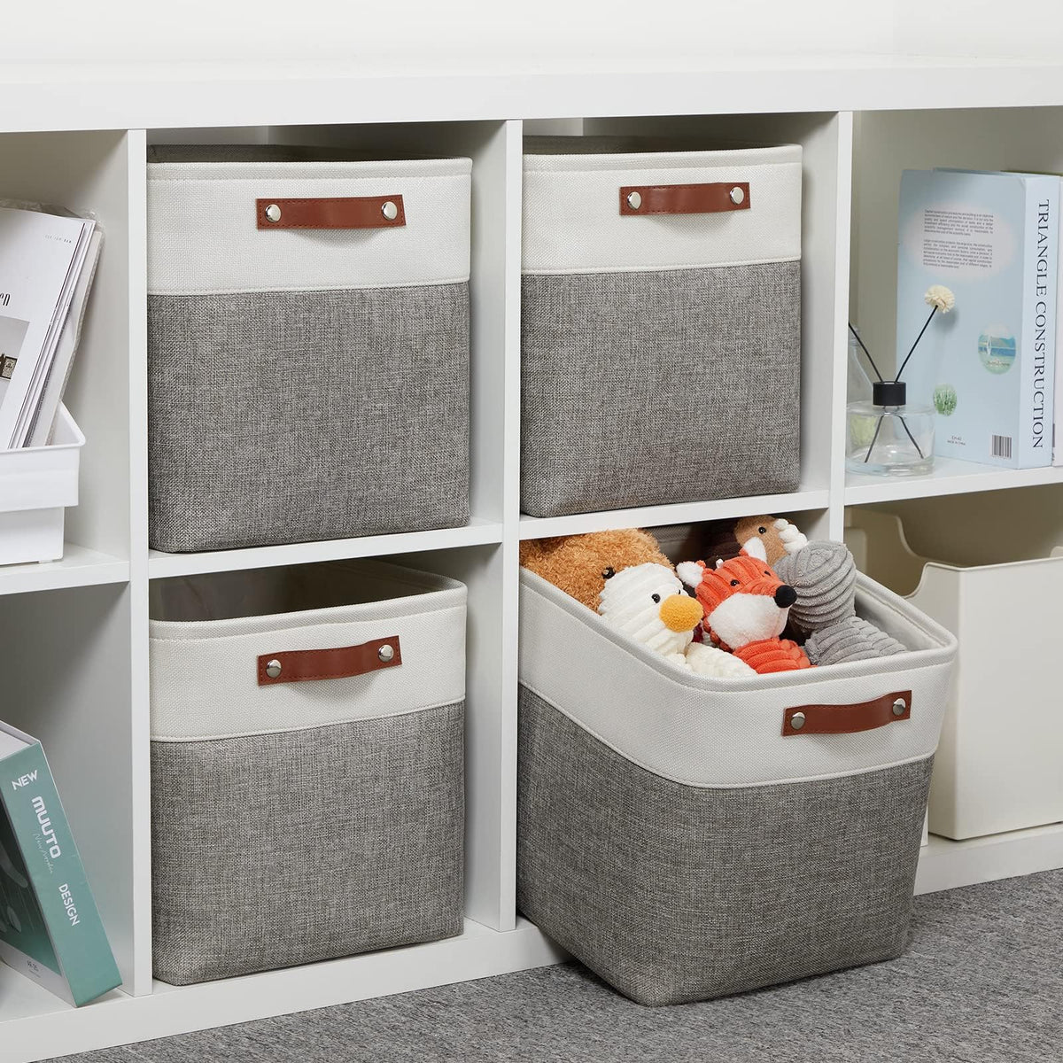 VIIHTYISA Fabric Storage Box, 4-Piece Set 25x25x25cm Cube Storage Boxes with Faux Leather Handle for Cube Shelves, Closet, Wardrobes | Grey & White - image 2