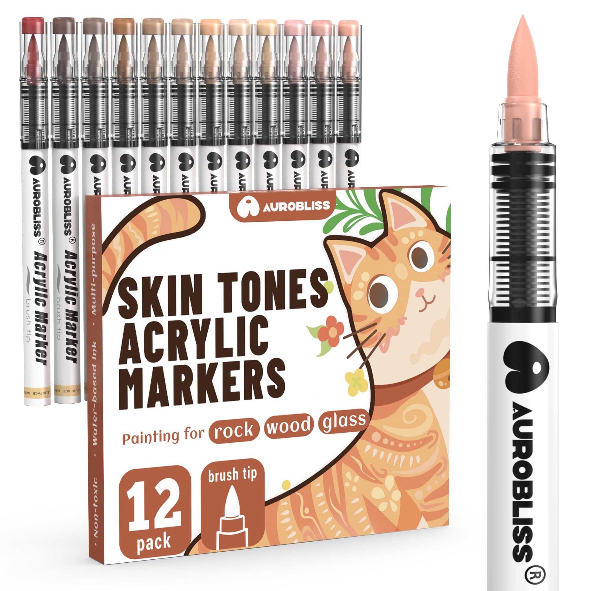 Aurobliss 12 Skin Tone Acrylic Paint Pens – Brush Tip Markers for Rocks