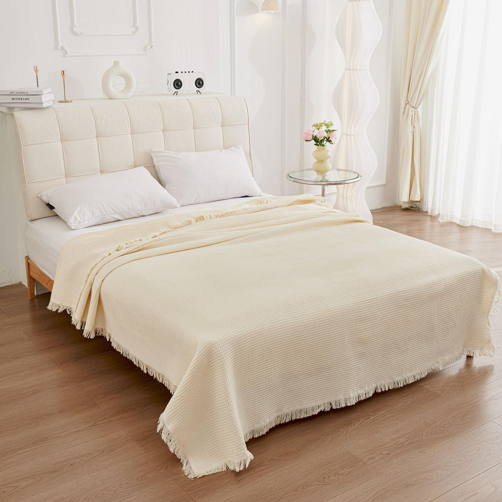 LHGOGO Waffle Pattern Sofa Throw – Large 3 Seater Cotton Blend Cream