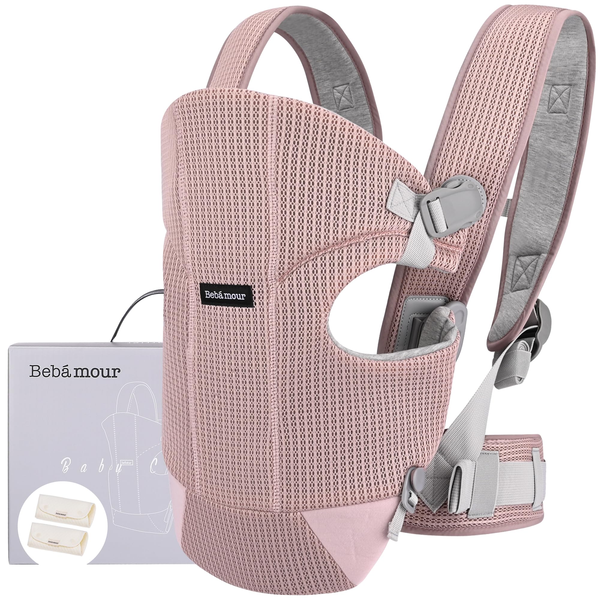 Bebamour Front and Back Baby Carrier with 2 Shoulder Bibs – Dusty Pink