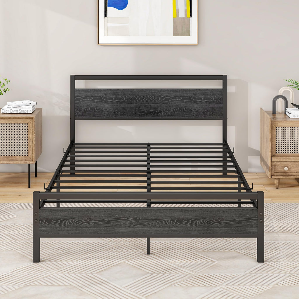BOFENG 4ft6 Double Bed Frame | Heavy Duty Metal Platform with Wood Headboard