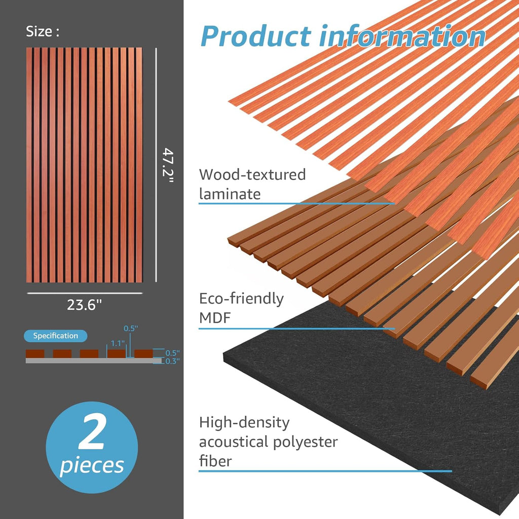 Art3d Acoustic Wood Slatted Wall Panels - 2 Pack 60x120cm Cherry Finish