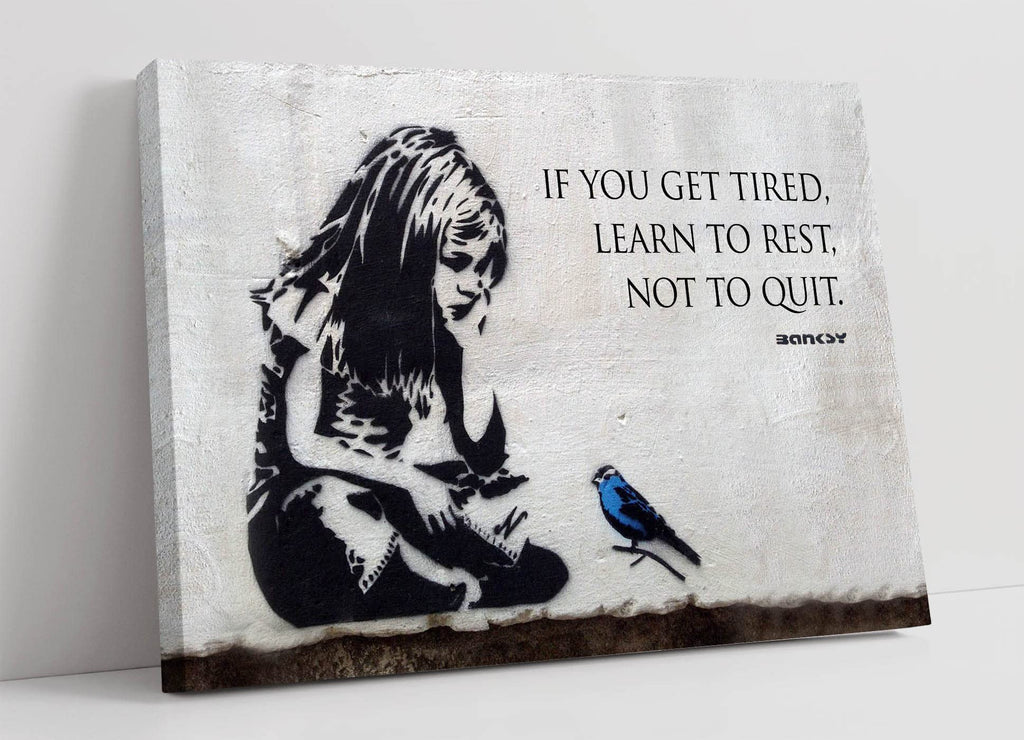 Banksy Girl Blue Bird Graffiti Framed Canvas Wall Art | 36x24in
