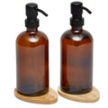 Amber Glass Pump Bottles with Bamboo Trays - Set of 2