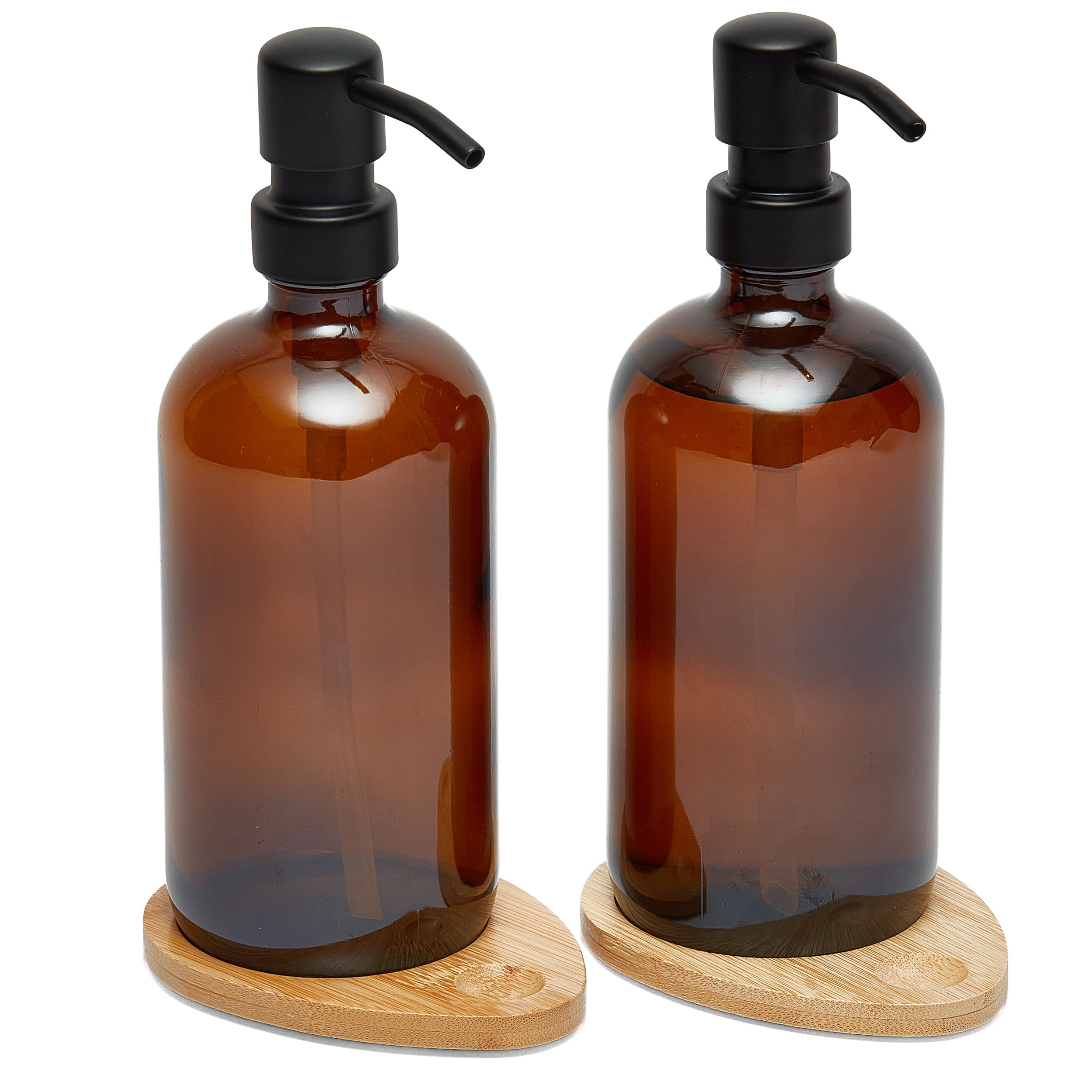 Amber Glass Pump Bottles with Bamboo Trays - Set of 2