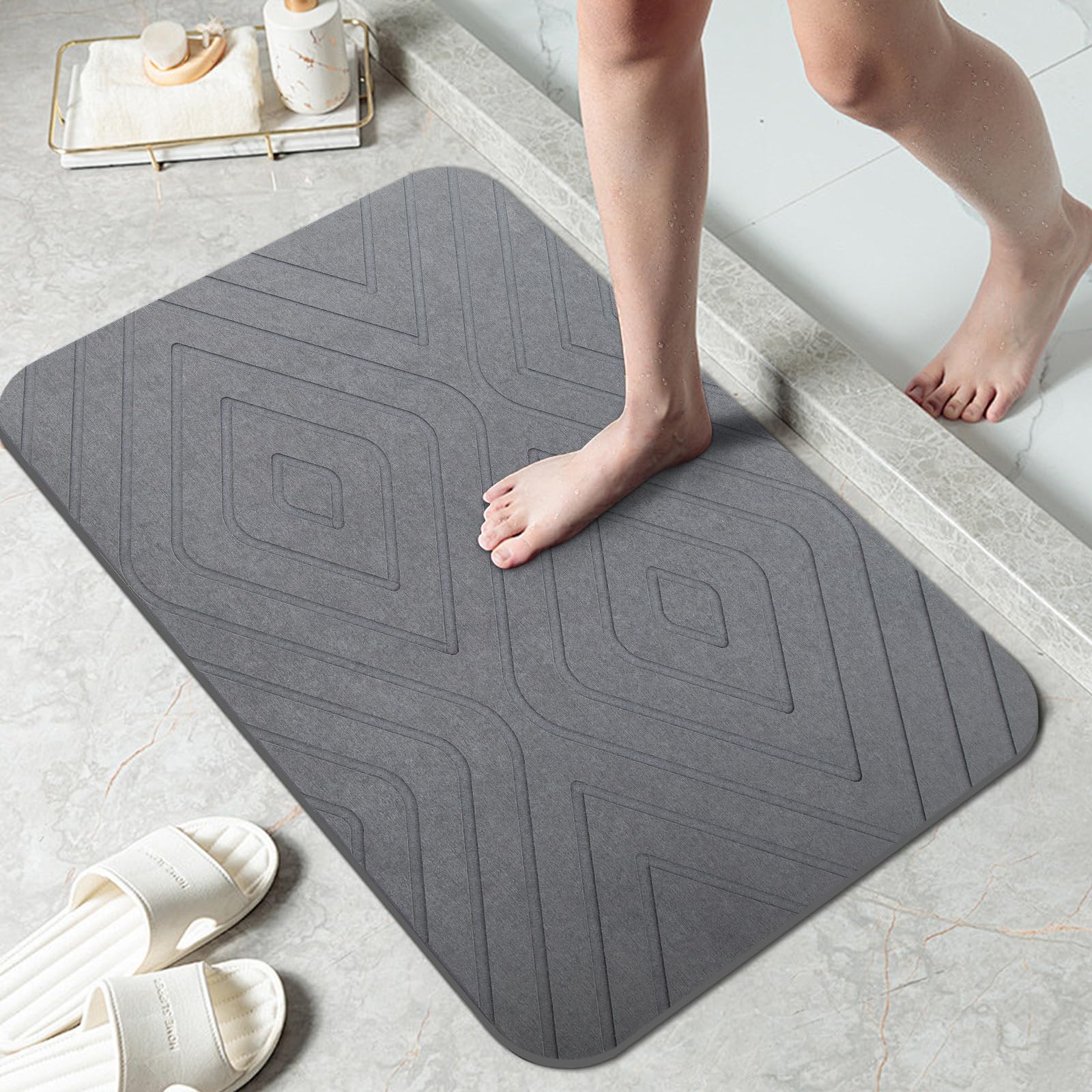 HUMIGA 2 Pack Diatomaceous Earth Stone Bath Mat – Non-Slip Grey, 24x15