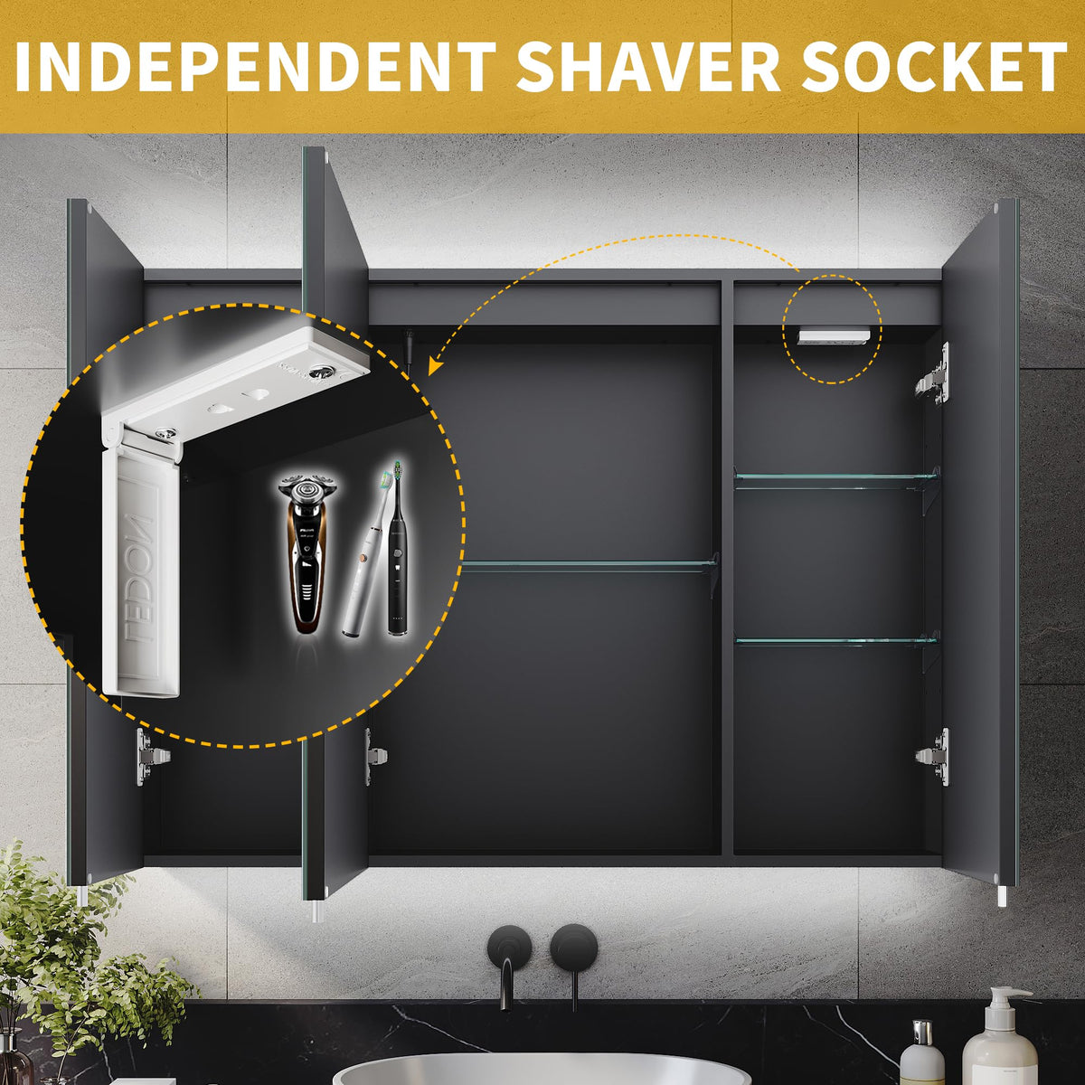 ELEGANT 900x650mm Illuminated LED Bathroom Mirror Cabinet with Shaver Socket Triple Door Wall Mirror Cabinets with 3-Color Infinitely Dimmable and - image 3