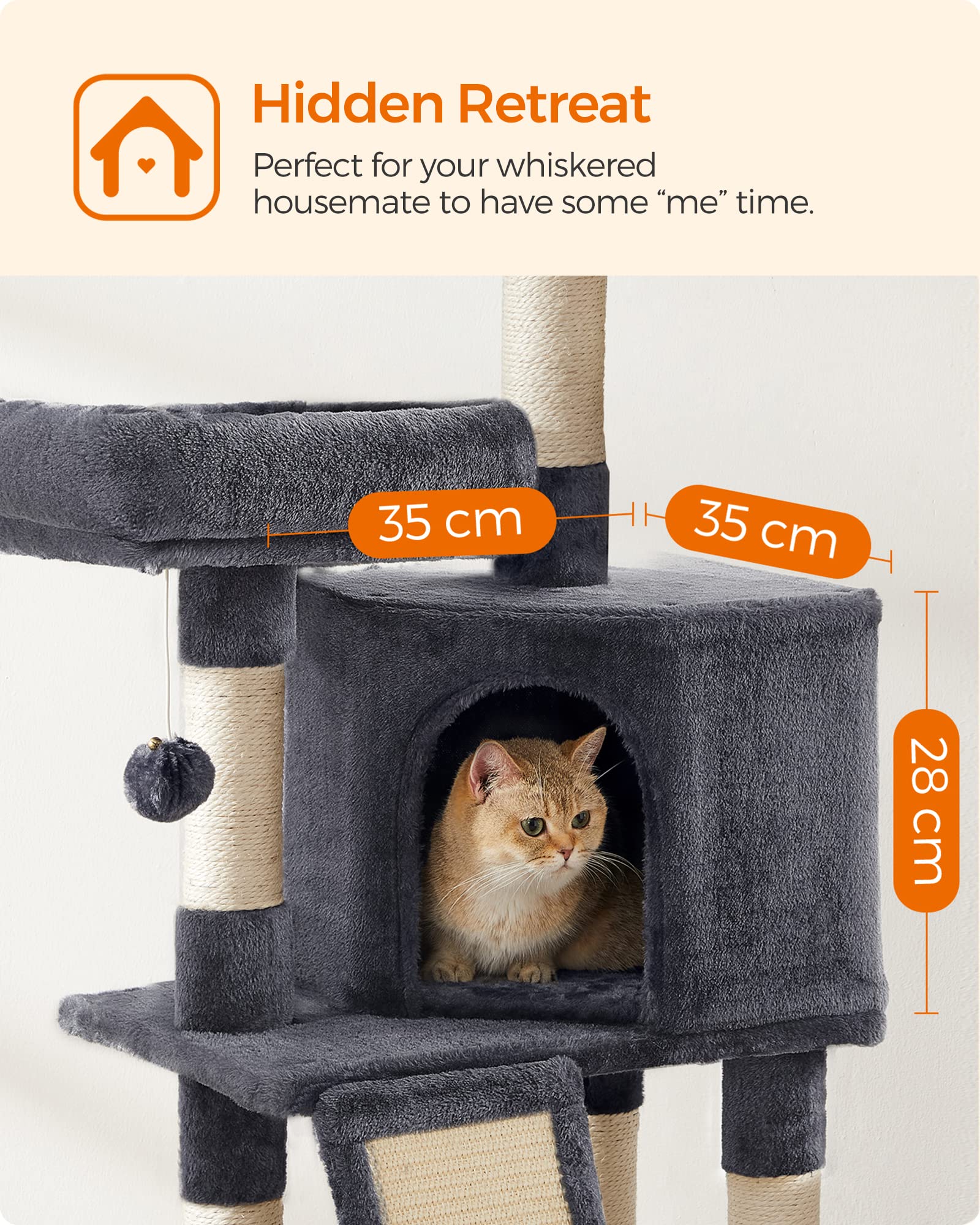 FEANDREA Cat Tree – 115cm Cat Condo with Scratching Ramp, Smoky Grey