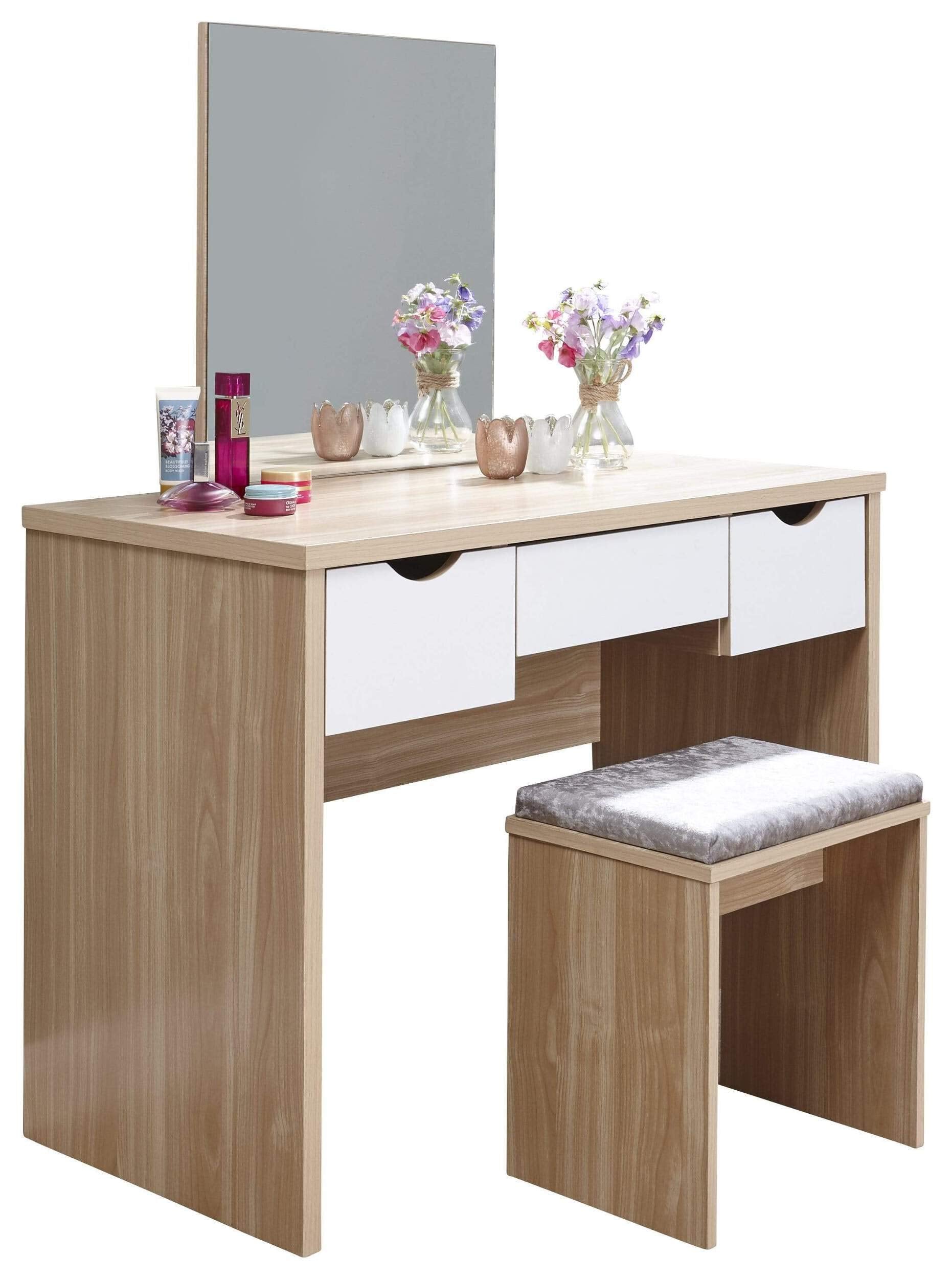 GFW Elizabeth Oak Dressing Table Set | Makeup Vanity with Metal Runners
