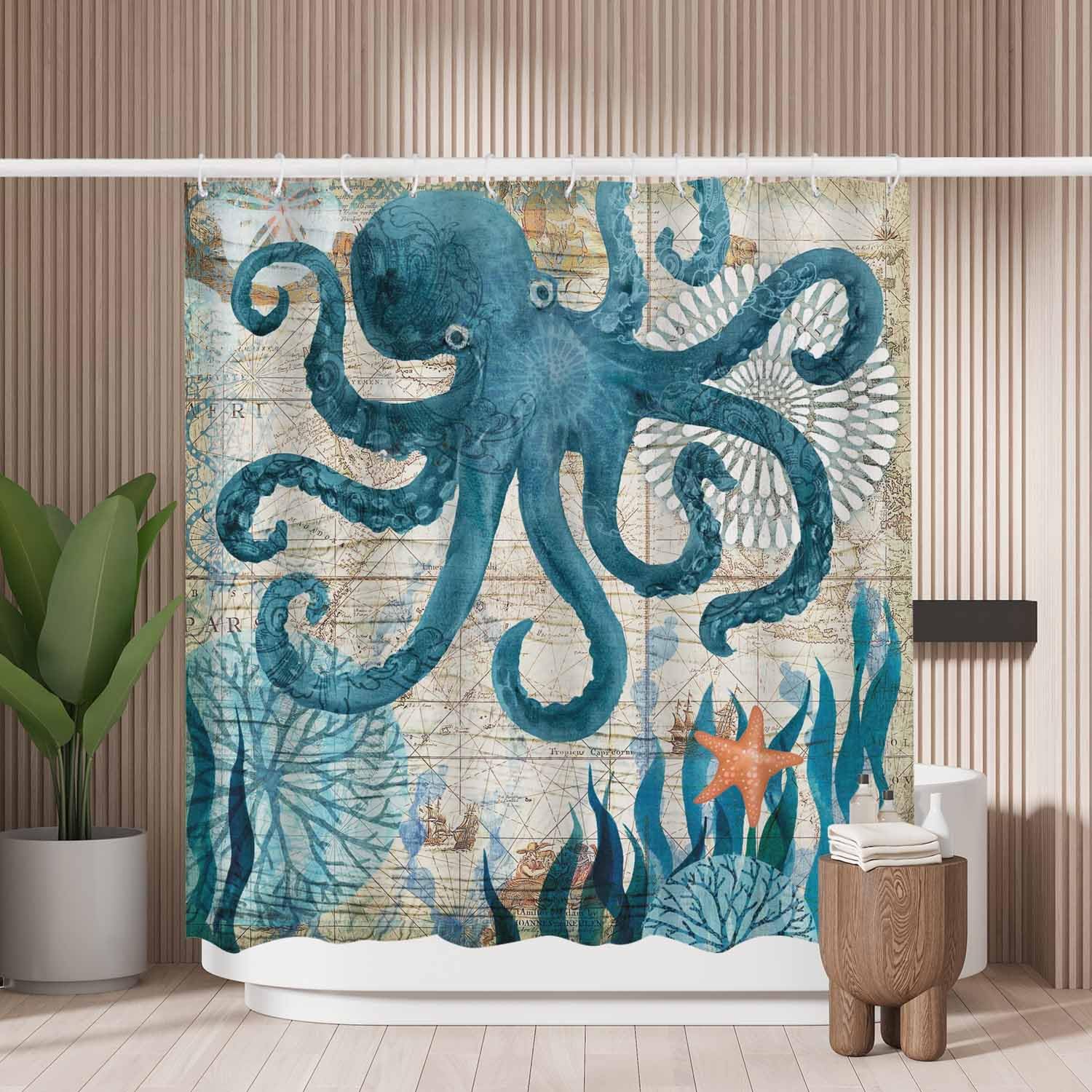 Retro Octopus Shower Curtain – Mold Resistant Polyester