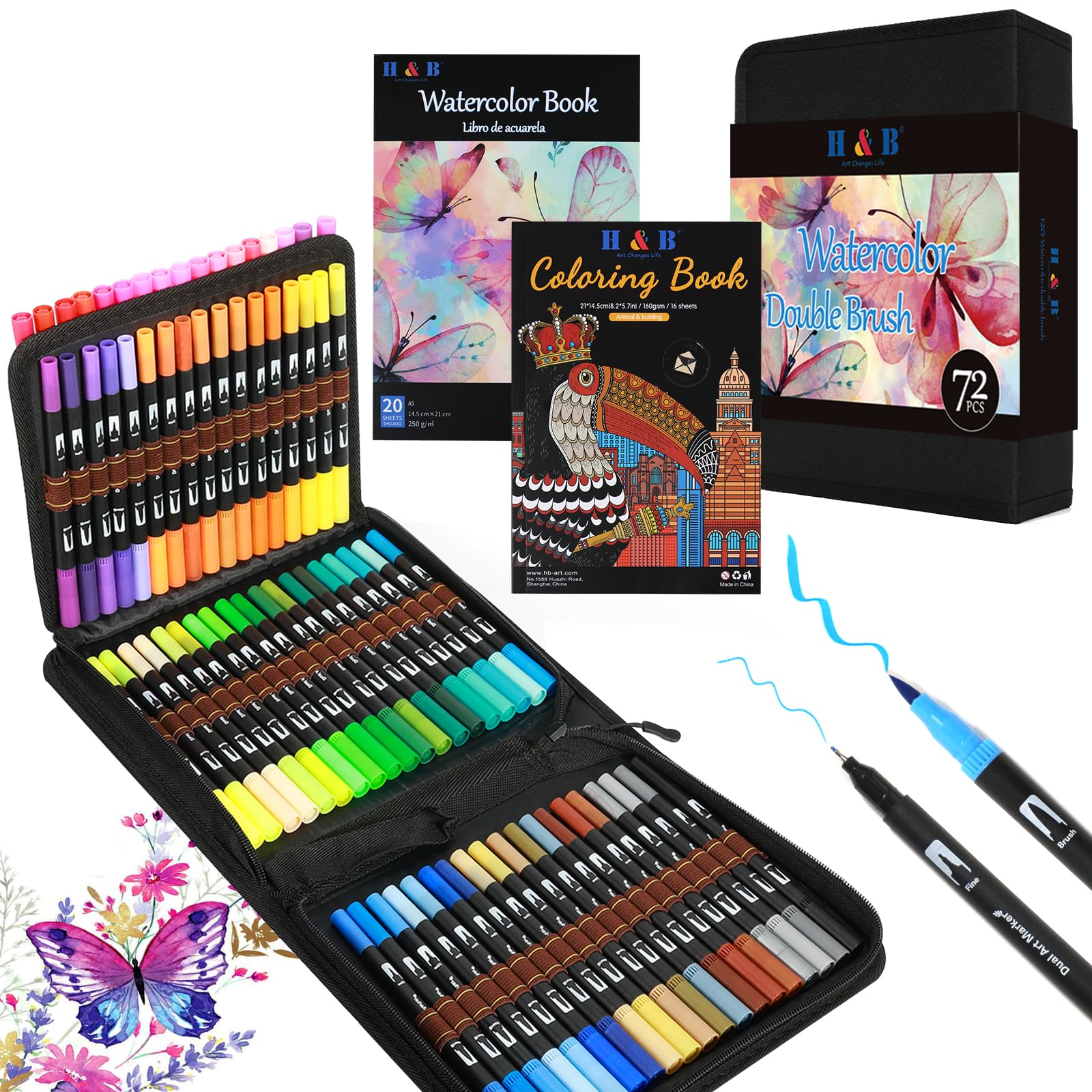 H & B 72 Colors Dual Brush Markers | Dual Tip Art Pens with Case