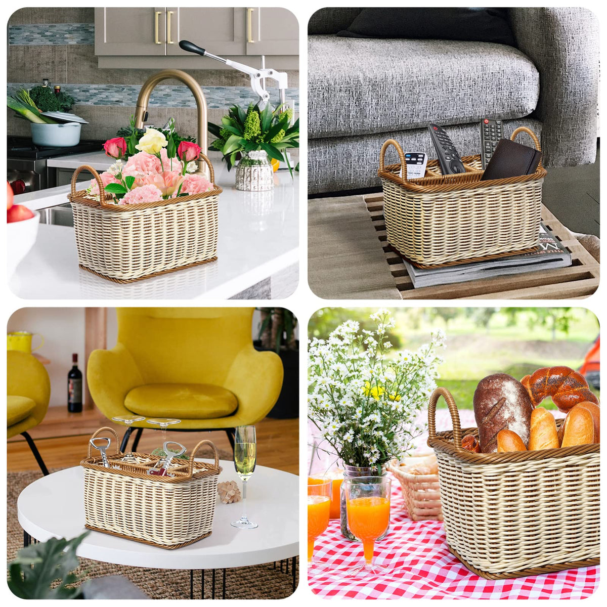 HEMOTON Storage Basket Woven White and Brown Mixed Featuring Handle for Easy Carrying As Kitchen Storage Container Divided Sections for Organizing - image 4