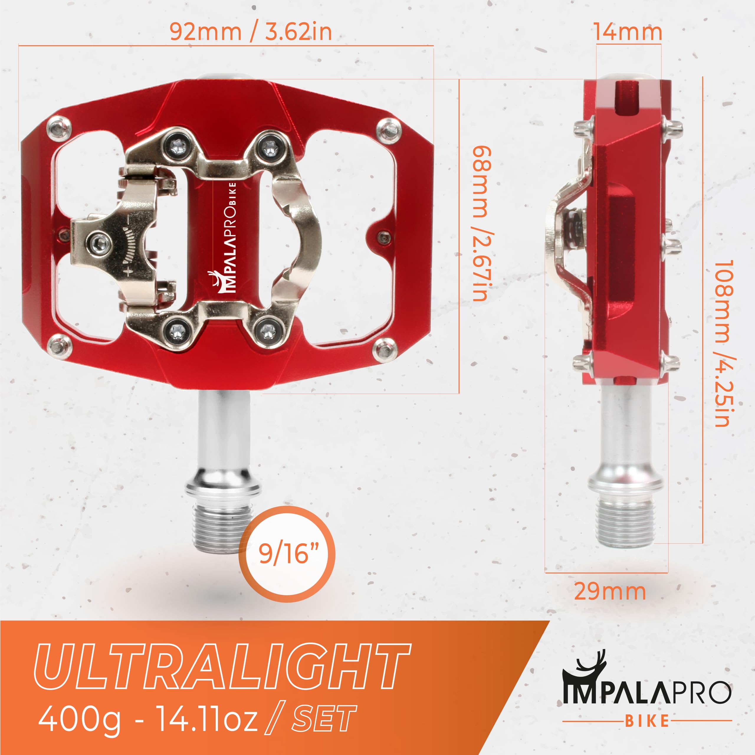 IMPALAPRO Dual Function MTB Pedals | Flat & SPD Clipless 9/16" - Red