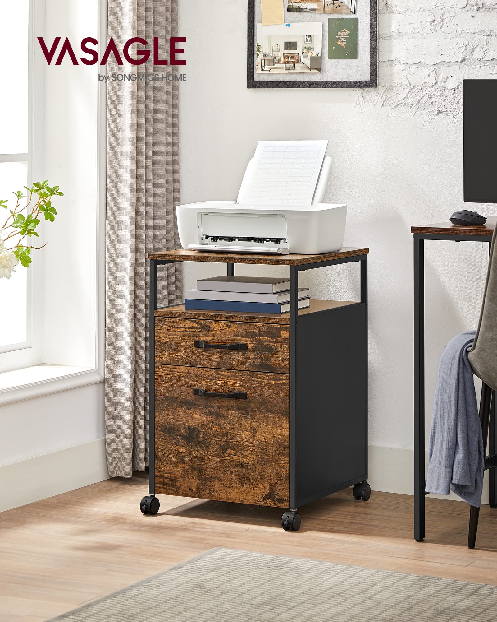 VASAGLE Mobile File Cabinet – 2-Drawer Rolling Office Storage, Rustic Brown
