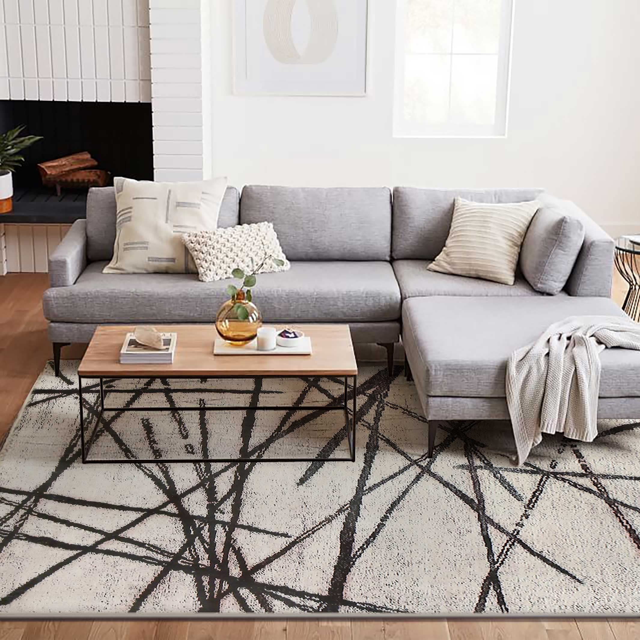 Calore Modern Abstract Area Rug – Non-Slip Short Pile Beige Carpet