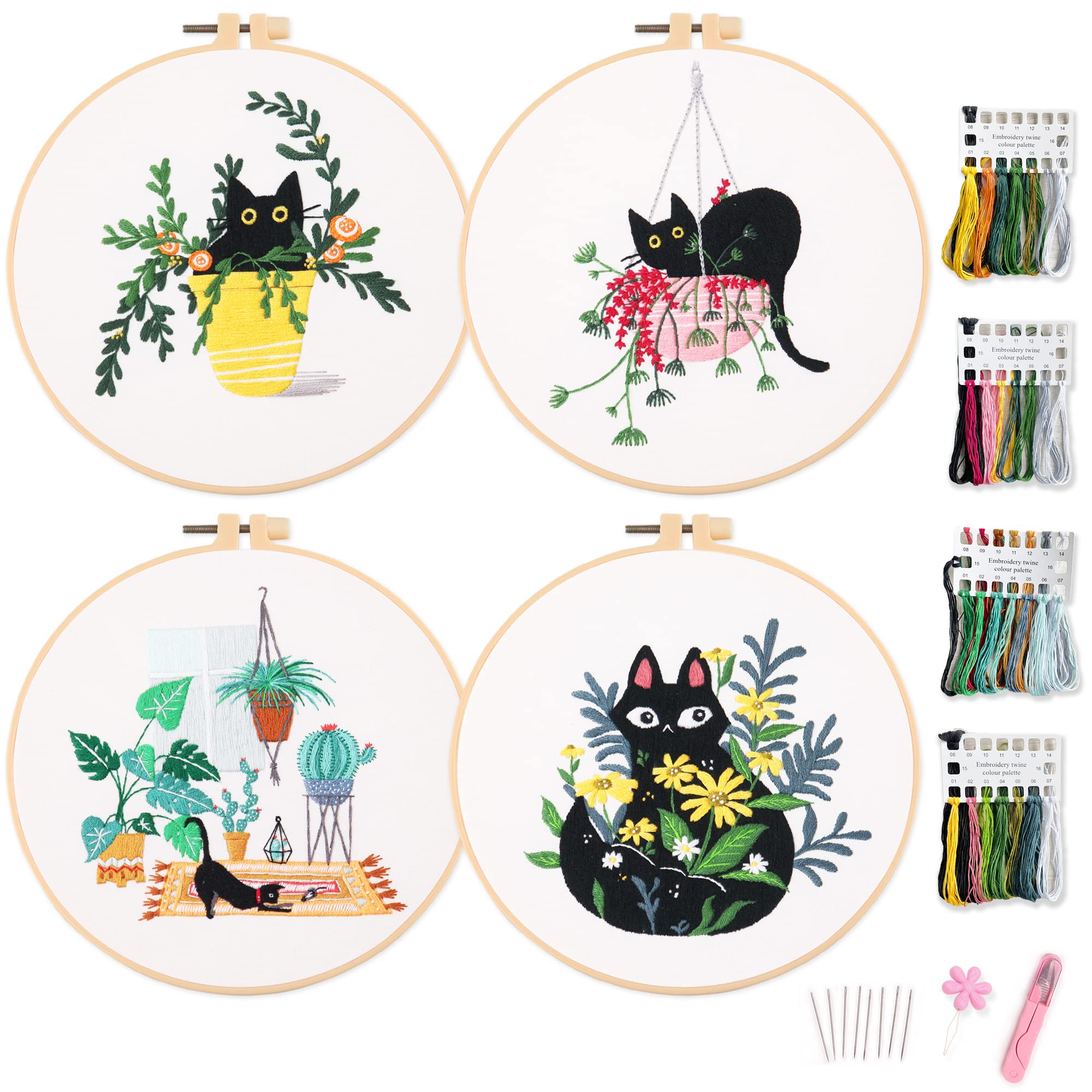 Myfelicity Cat Embroidery Kit for Beginners – 4 Pack DIY Needlework Set