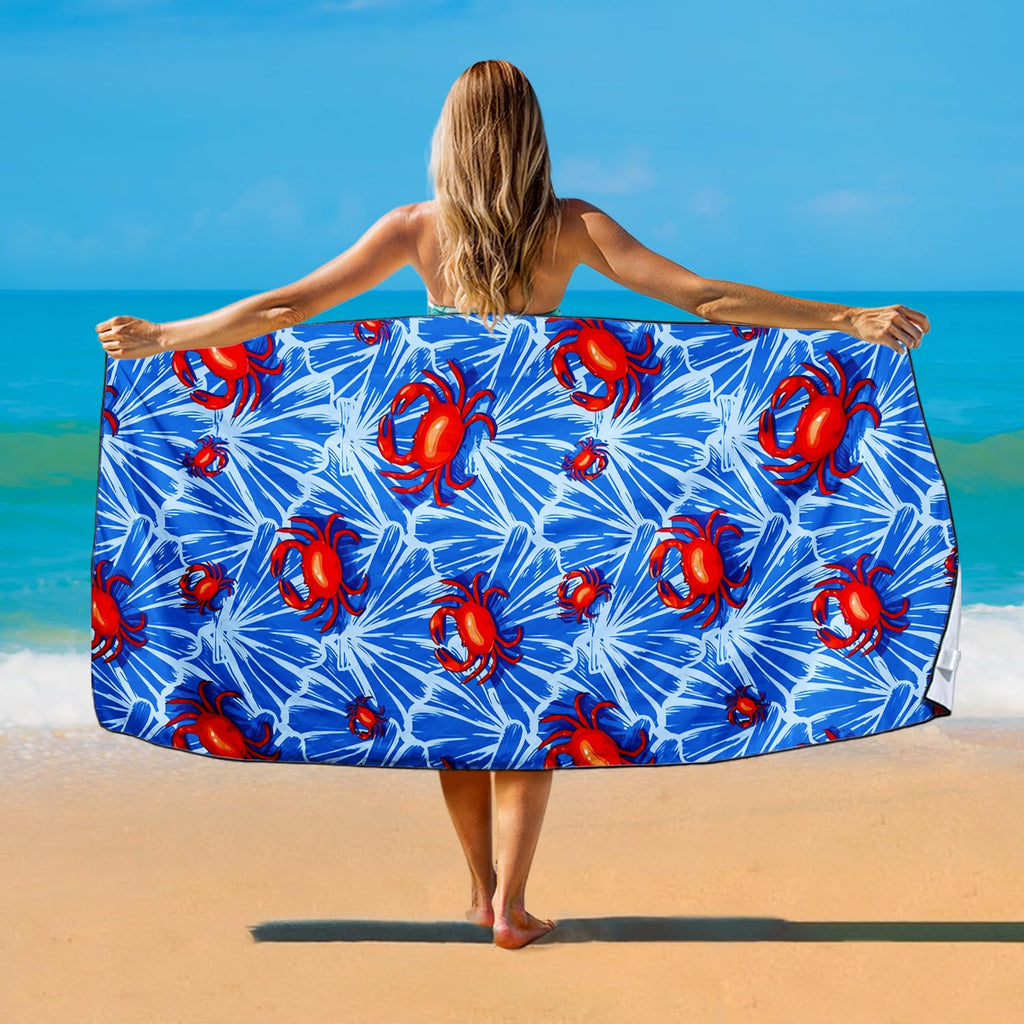 Violetpos Red Crab Print Beach Towel, Extra Large 180x90 cm 250GSM Microfibre, Sand Free Quick Dry