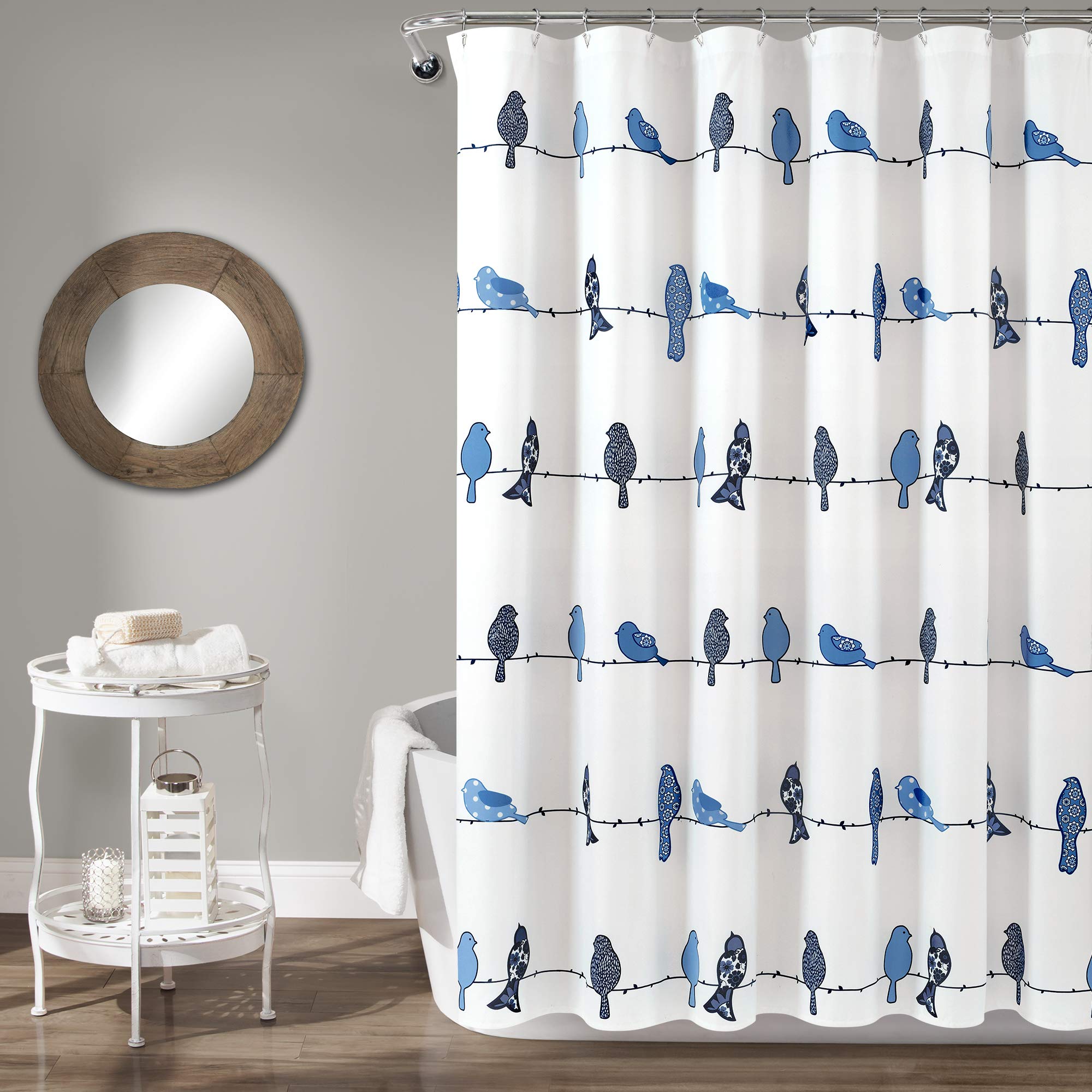 Lush Decor Rowley Birds Shower Curtain | Navy Floral Farmhouse Microfiber