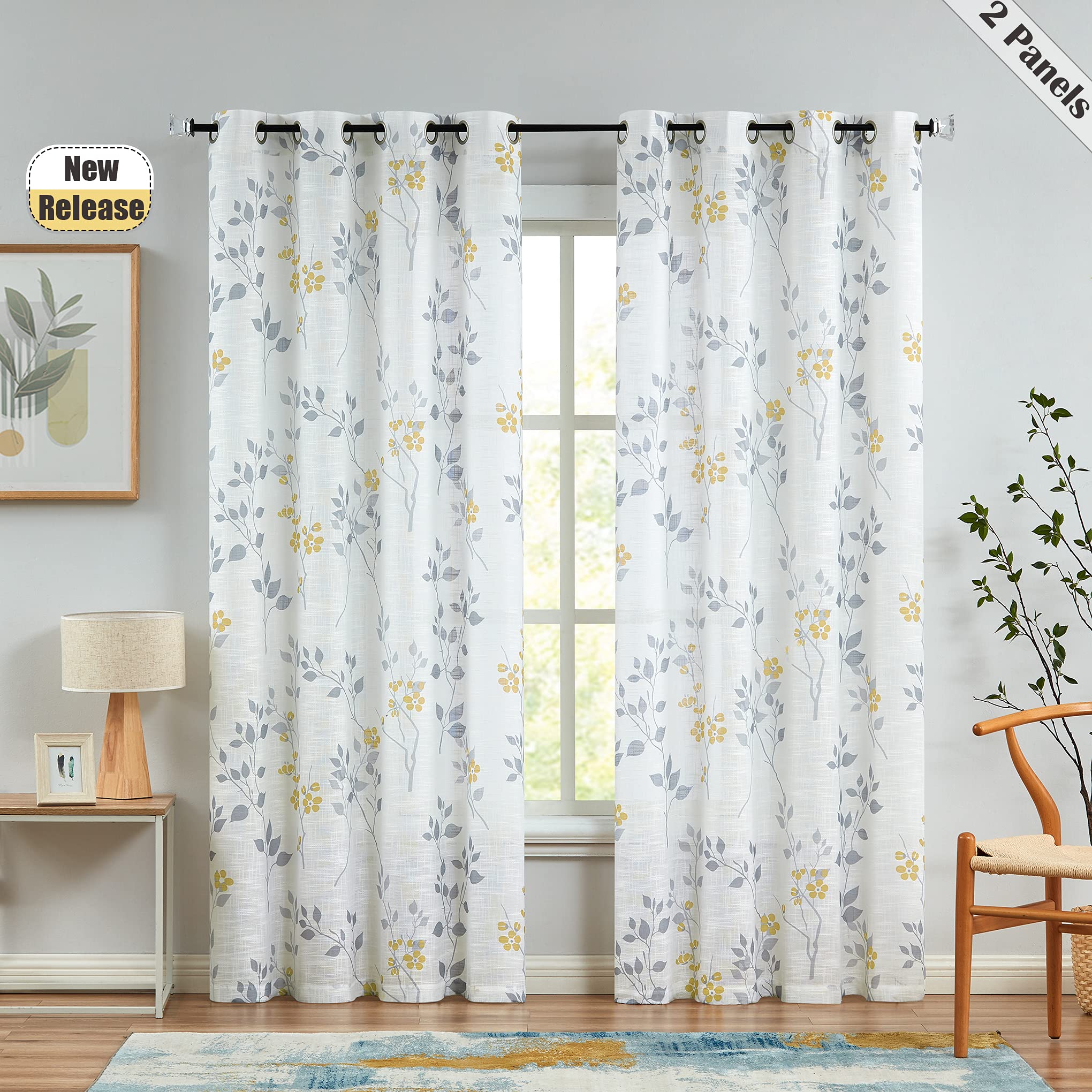 Beauoop Yellow Grey Floral Semi Sheer Linen Curtains - 90 Inch Drop