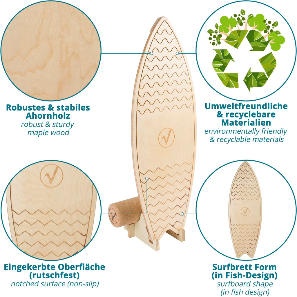 Valuents Maple Wood Surf Balance Board with Cork Roller and Non-Slip Mat