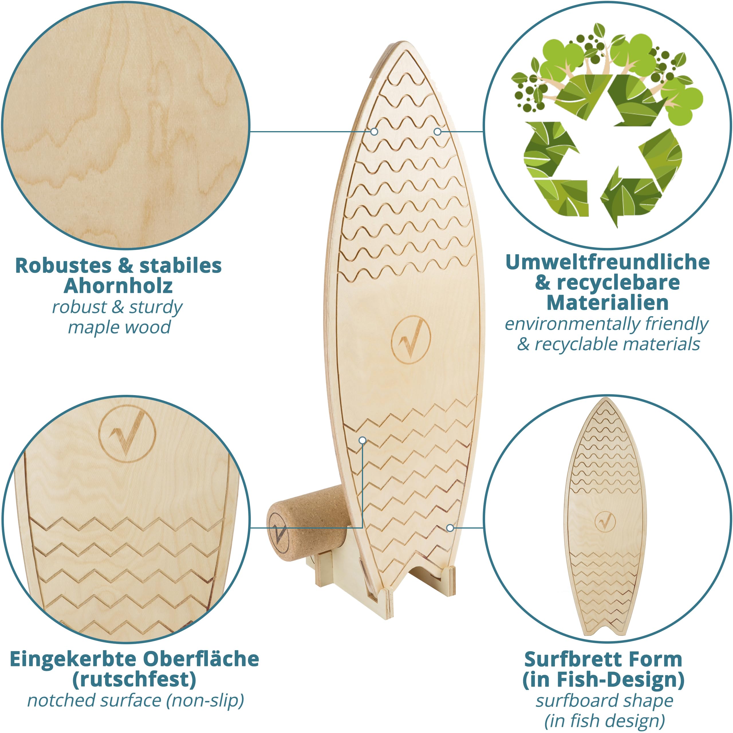 Valuents Maple Wood Surf Balance Board with Cork Roller and Non-Slip Mat