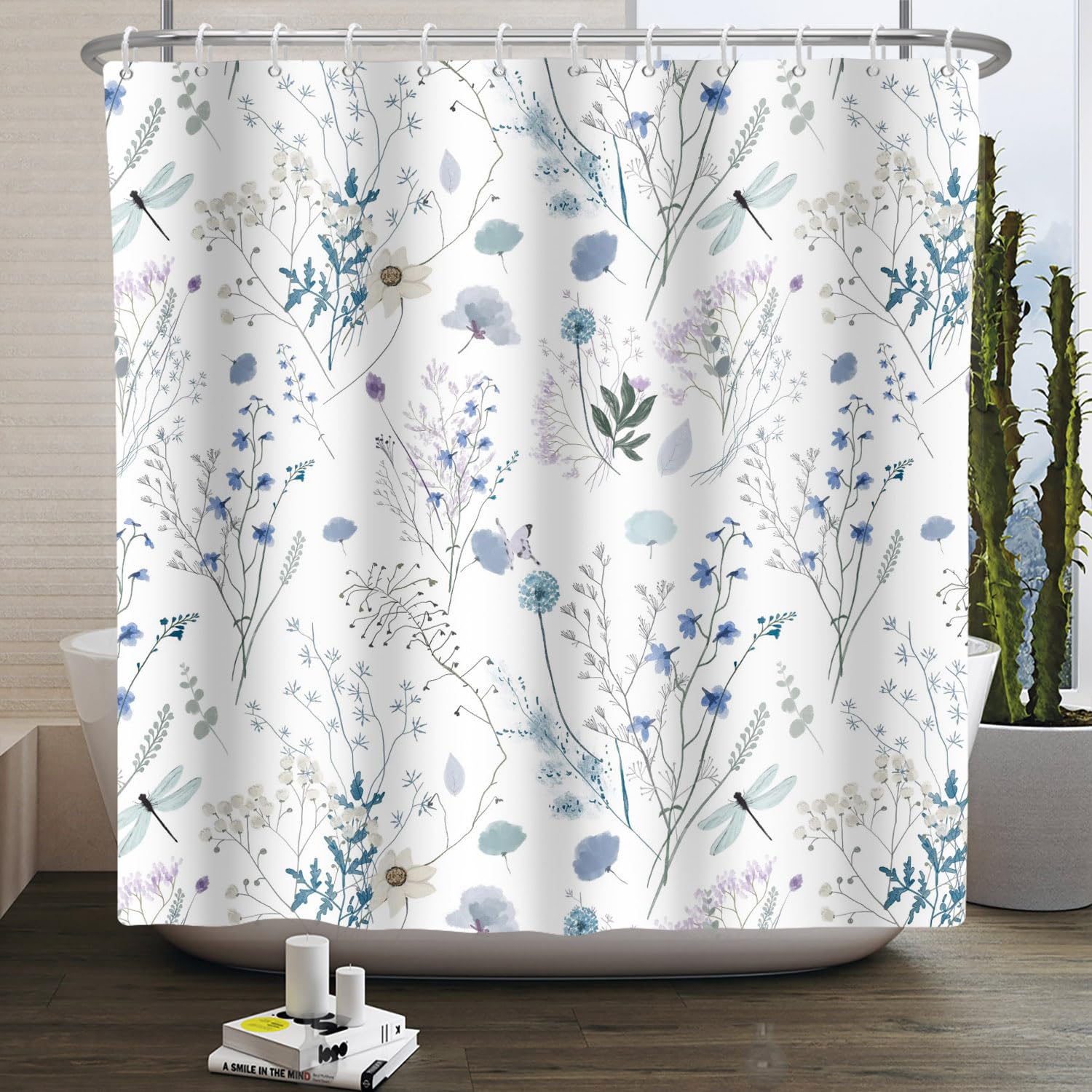 Jolof Store Floral Shower Curtain | White & Blue Botanical Polyester - 152x183cm