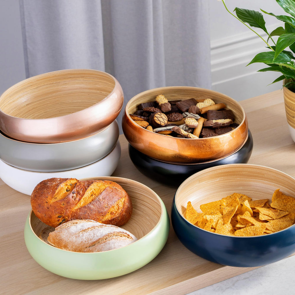 Dehaus Large Bamboo Fruit Bowl – 30cm Copper Gold Leaf Wooden Salad Bowl